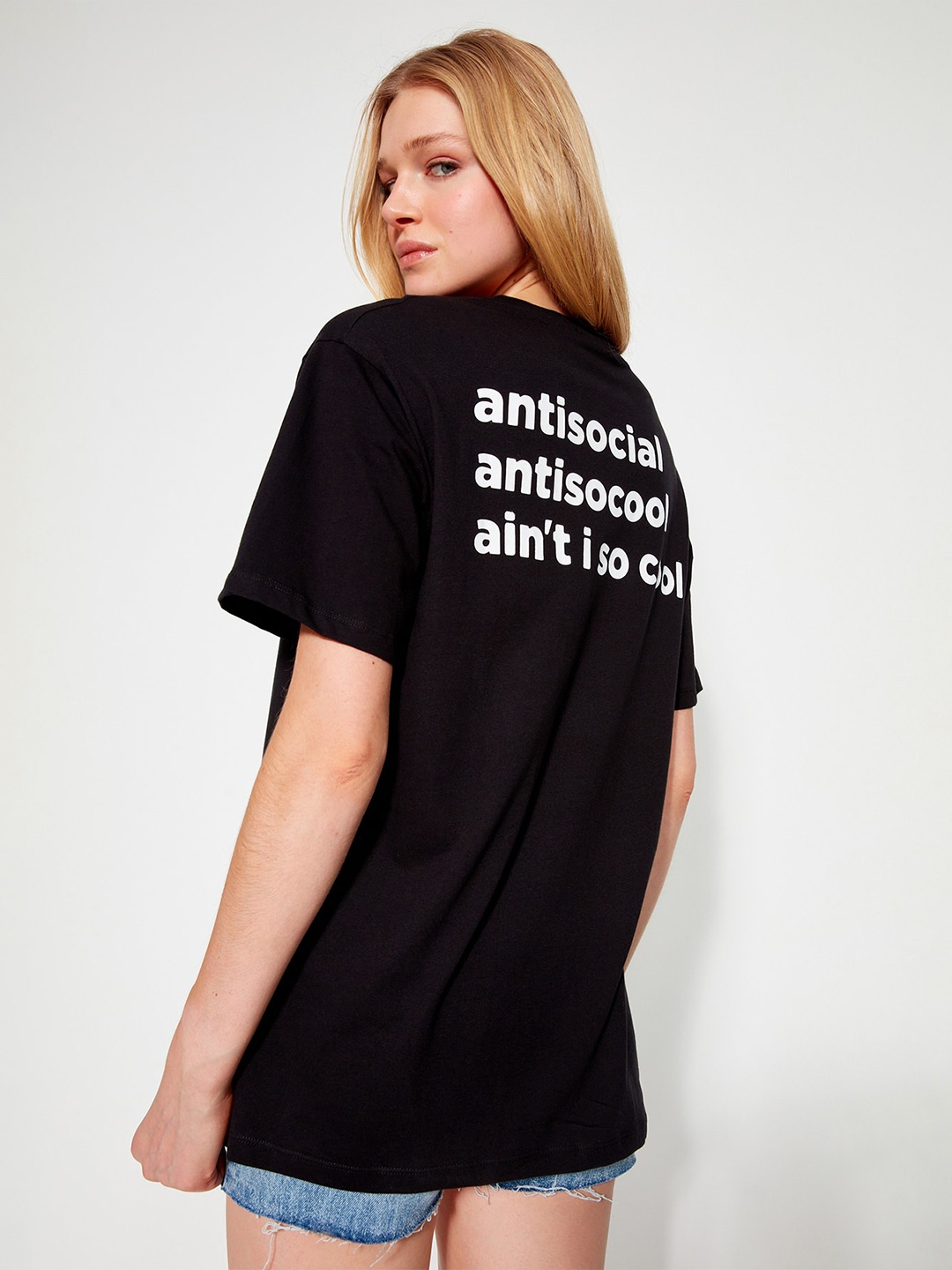 Trendyol Typography Printed Pure Cotton T-shirt, Black