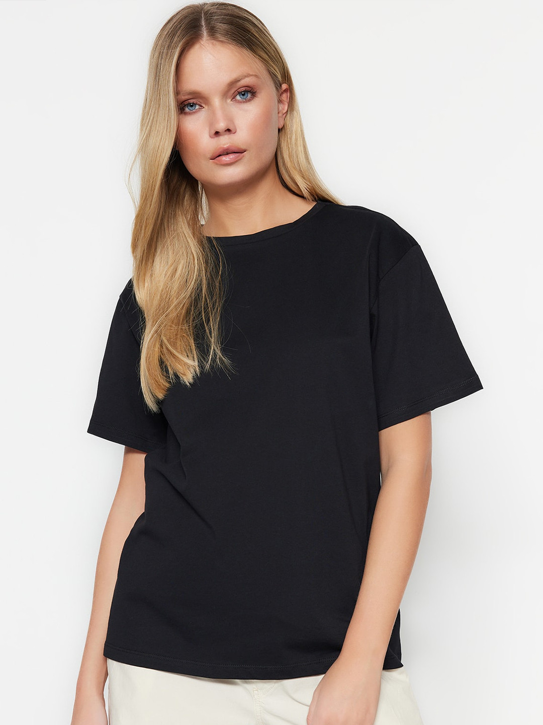 

Trendyol Drop-Shoulder Sleeves Pure Cotton T-shirt, Black