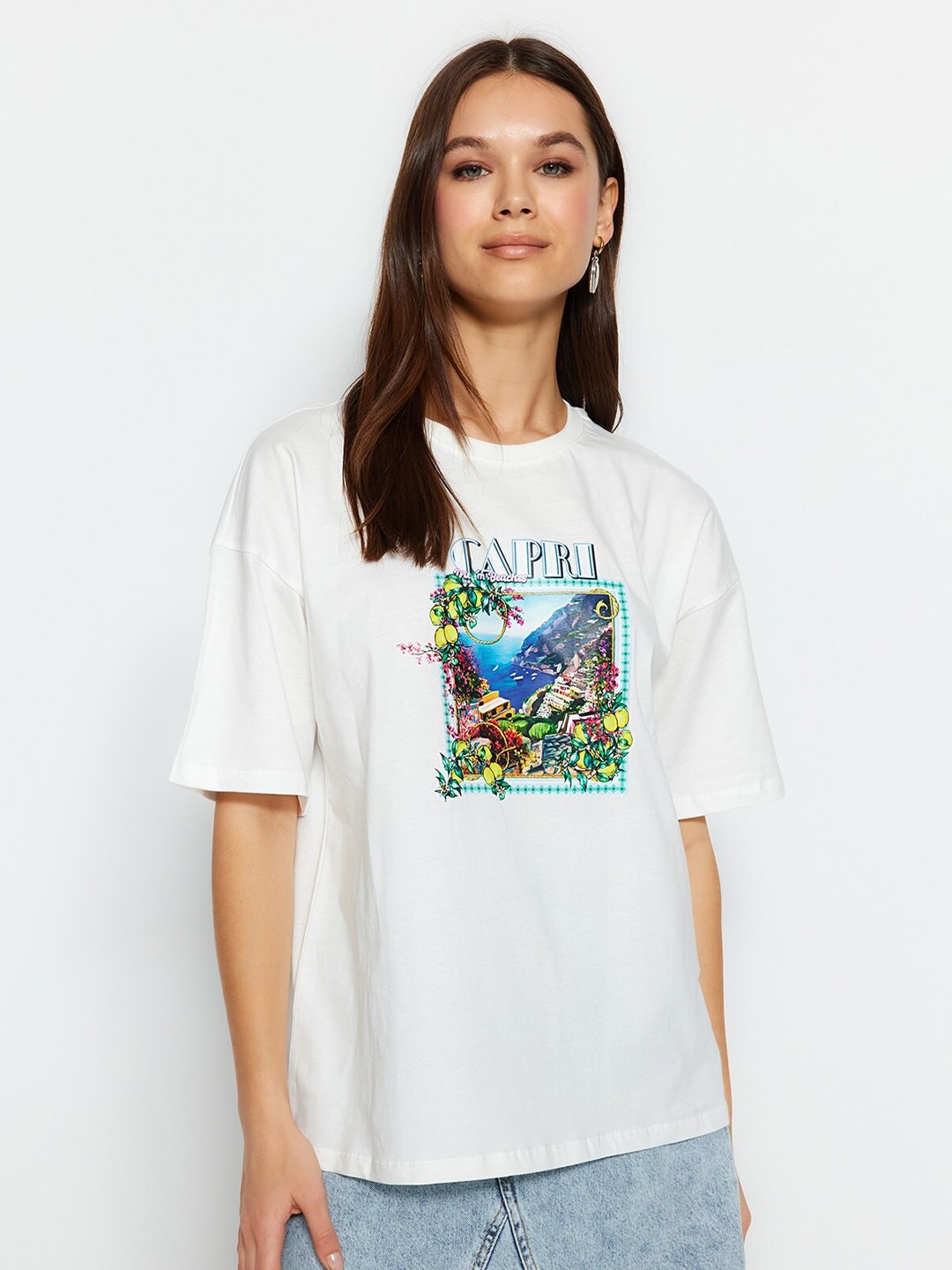

Trendyol Graphic Printed Drop-Shoulder Sleeves Pure Cotton T-shirt, White