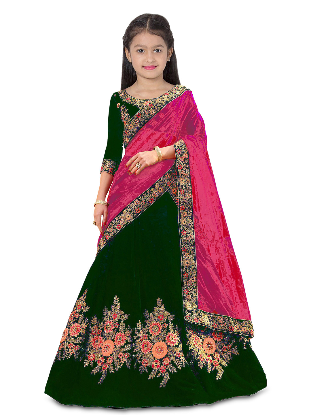 

Kedar Fab Girls Embroidered Semi-Stitched Lehenga & Unstitched Blouse With Dupatta, Green
