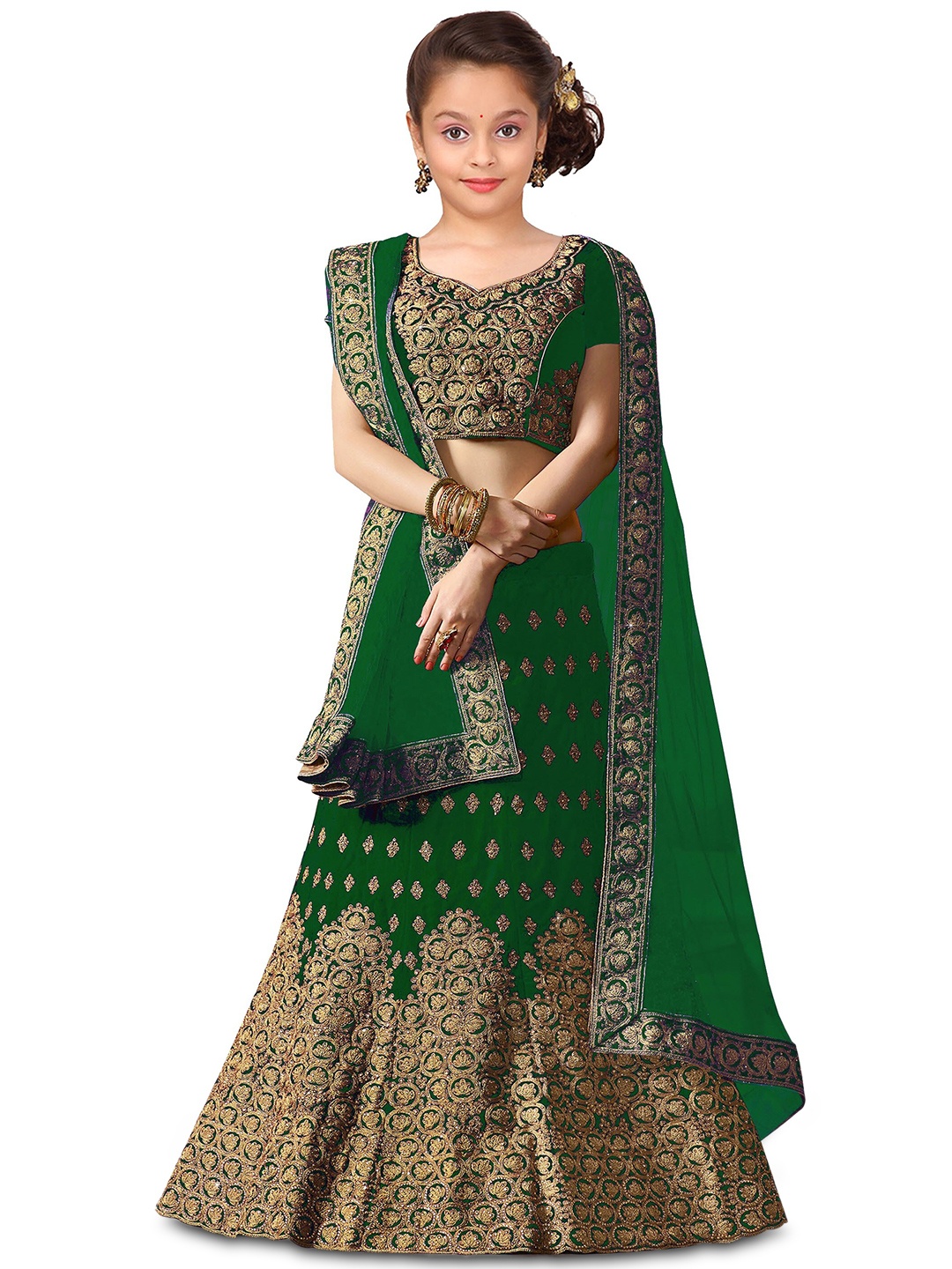 

Kedar Fab Girls Embroidered Semi-Stitched Lehenga & Unstitched Blouse With Dupatta, Green