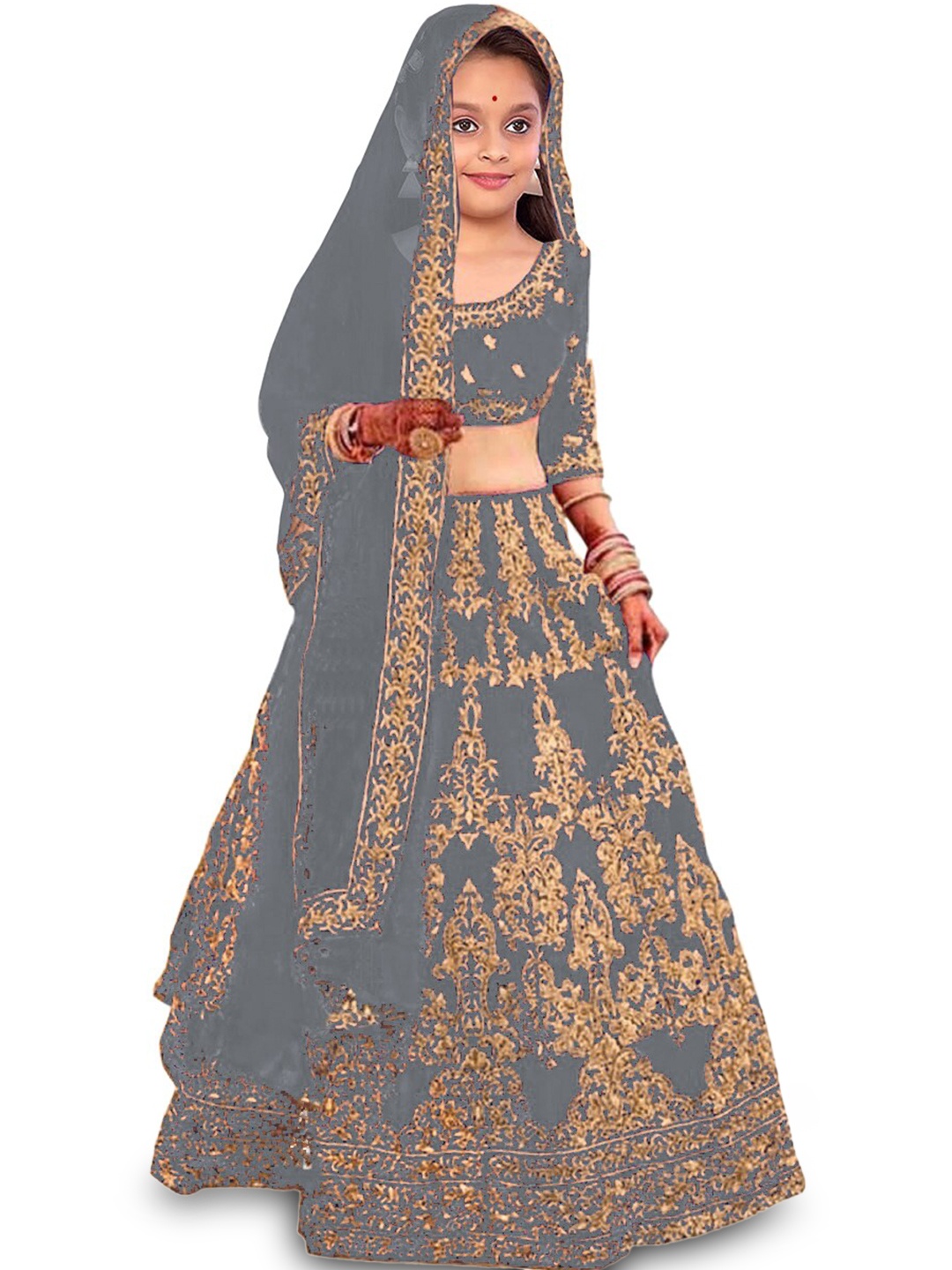 

Kedar Fab Girls Embroidered Semi-Stitched Lehenga & Unstitched Blouse With Dupatta, Grey