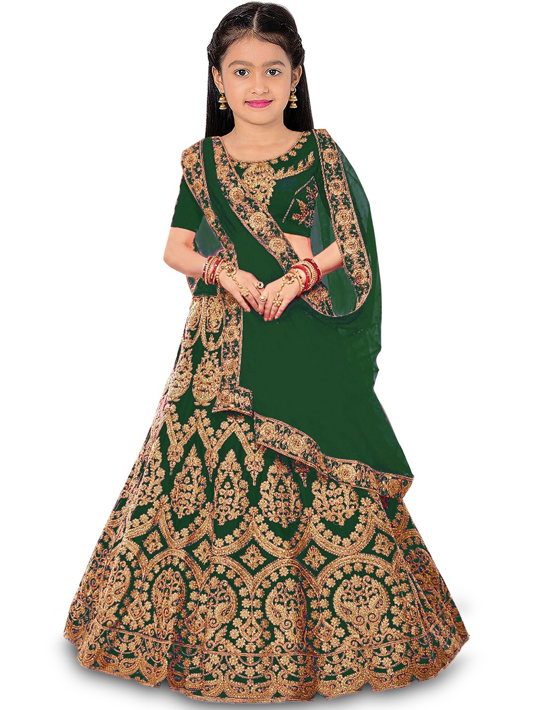 

Kedar Fab Girls Embroidered Semi-Stitched Lehenga & Unstitched Blouse With Dupatta, Green