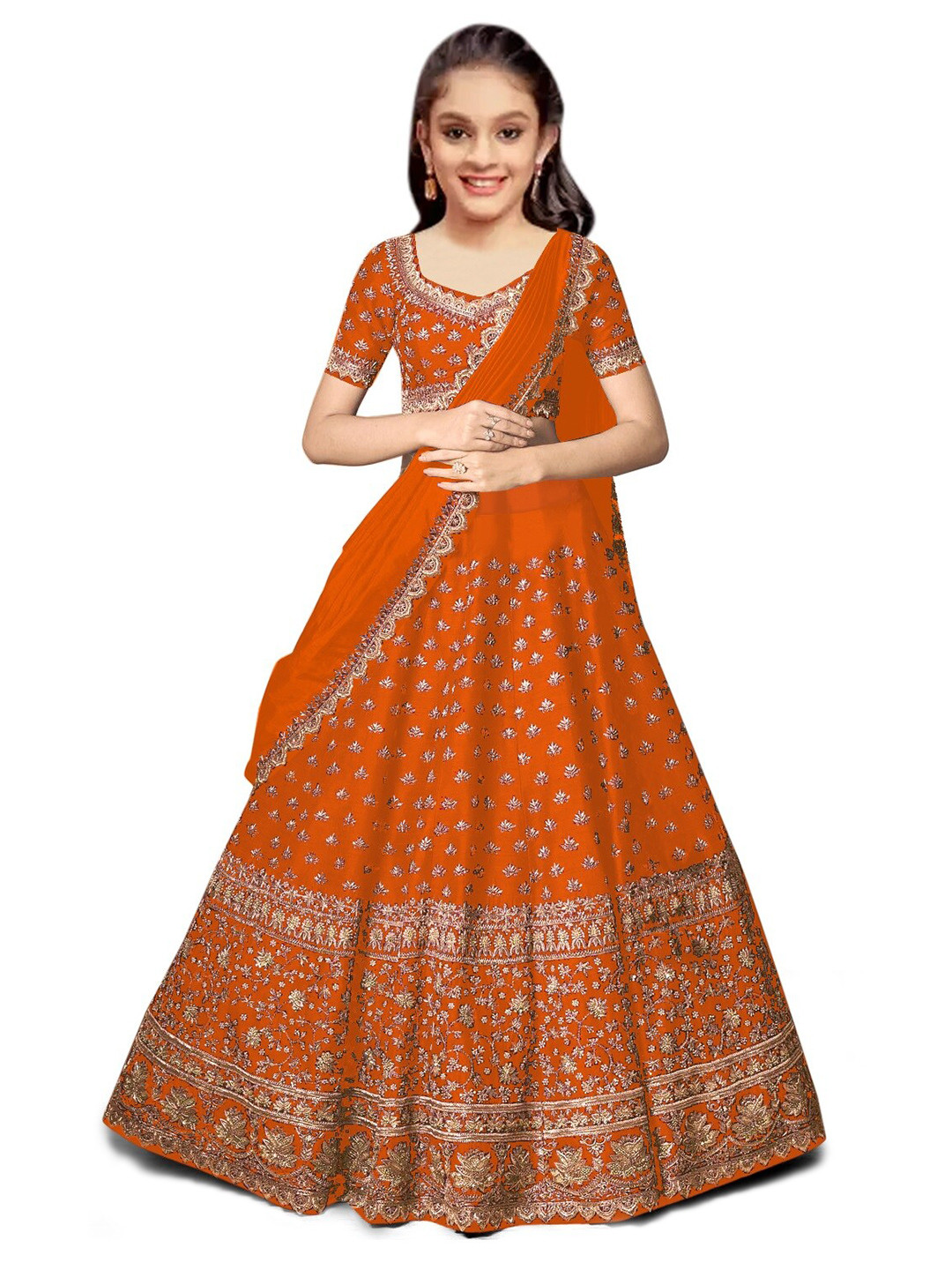 

Kedar Fab Girls Embroidered Semi-Stitched Lehenga & Unstitched Blouse With Dupatta, Orange