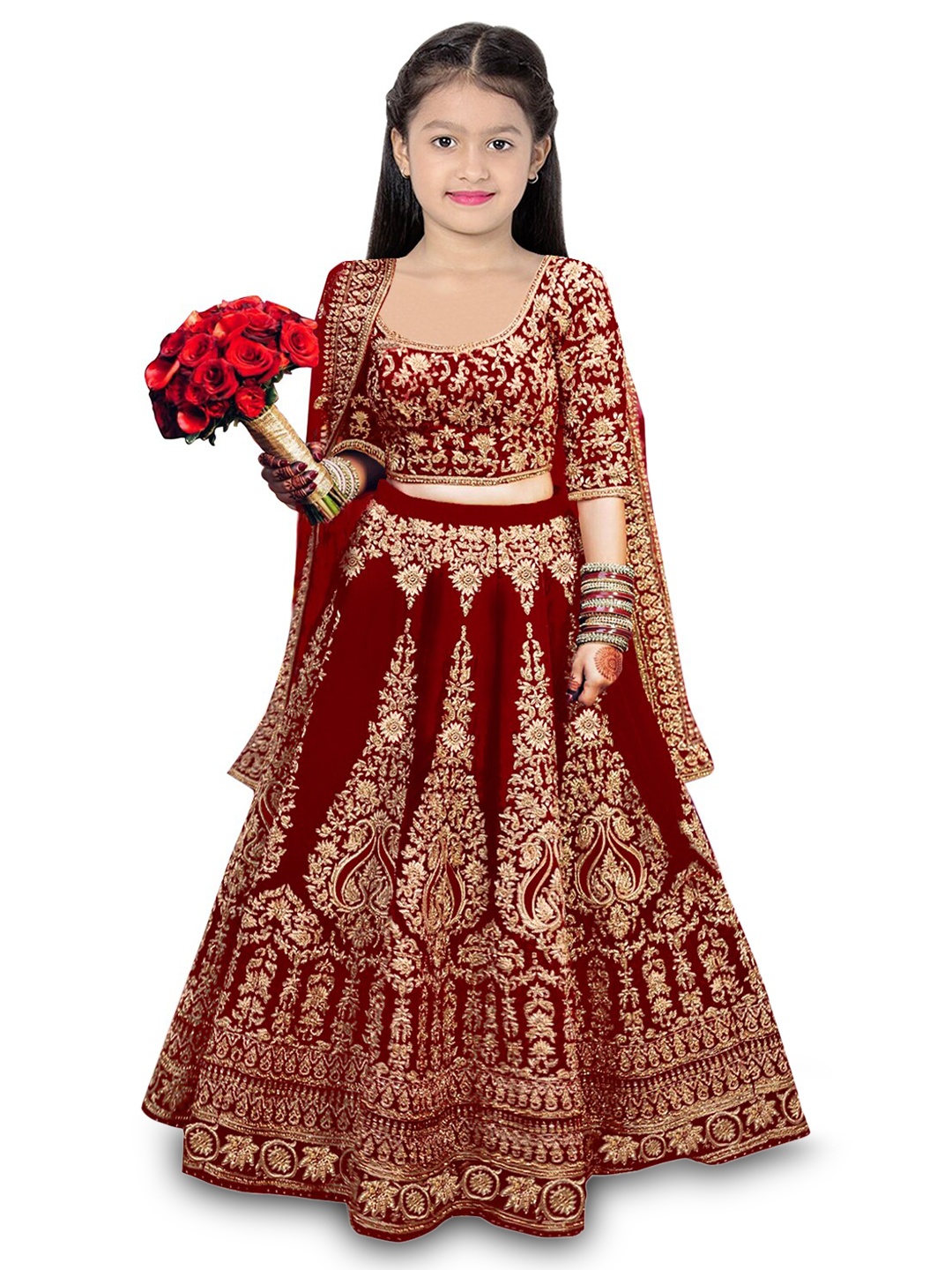 

Kedar Fab Girls Embroidered Semi-Stitched Lehenga & Unstitched Blouse With Dupatta, Red