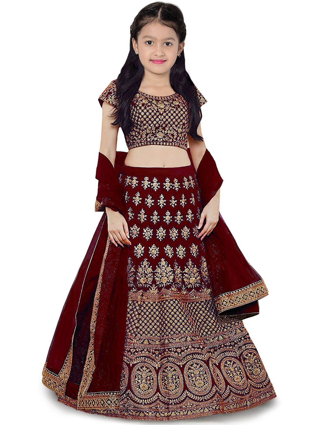 

Kedar Fab Girls Embroidered Semi-Stitched Lehenga & Unstitched Blouse With Dupatta, Maroon