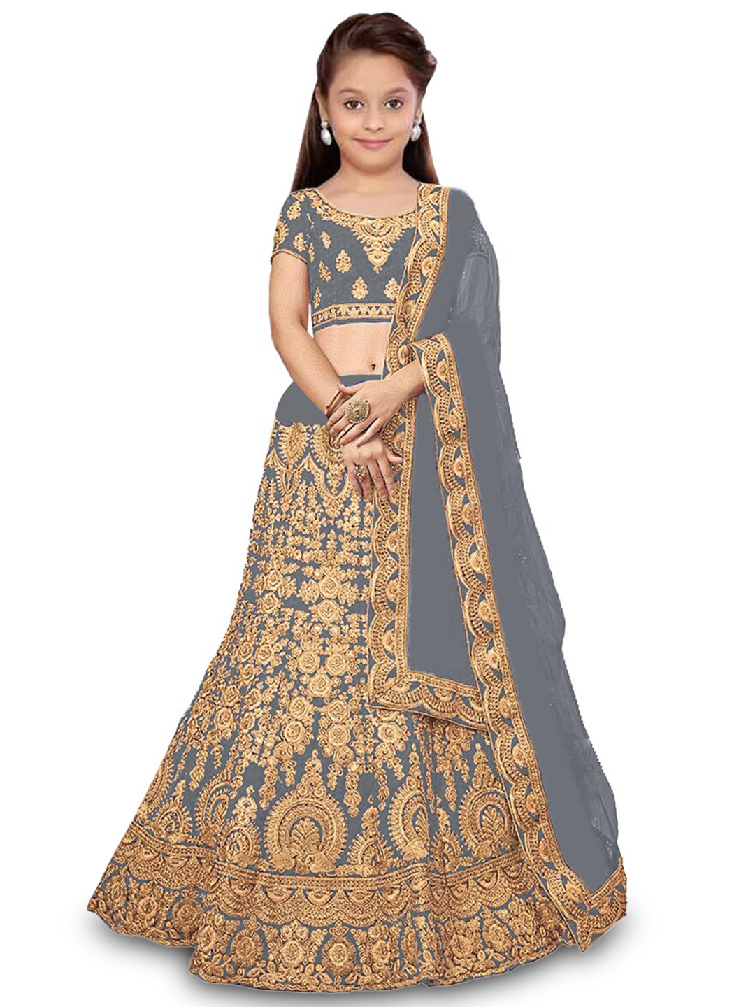 

Kedar Fab Girls Embroidered Semi-Stitched Lehenga & Unstitched Blouse With Dupatta, Grey