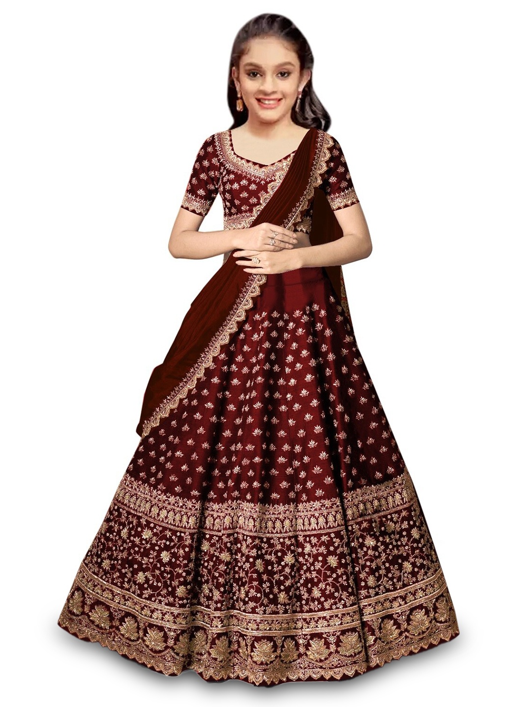 

Kedar Fab Girls Embroidered Semi-Stitched Lehenga & Unstitched Blouse With Dupatta, Maroon
