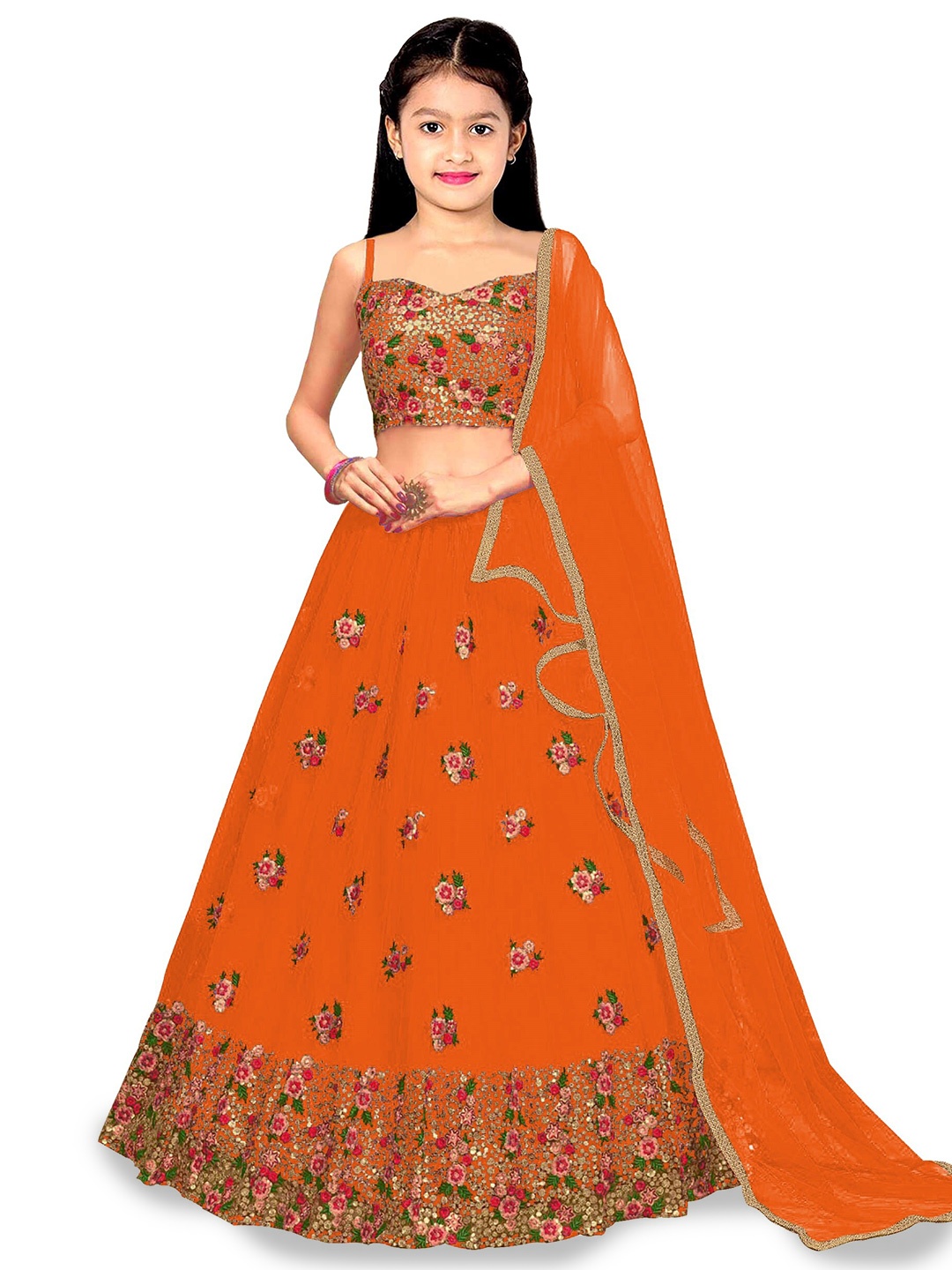 

Kedar Fab Girls Embroidered Semi-Stitched Lehenga & Unstitched Blouse With Dupatta, Orange