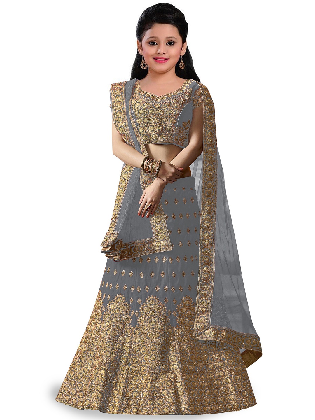 

Kedar Fab Girls Embroidered Semi-Stitched Lehenga & Unstitched Blouse With Dupatta, Grey