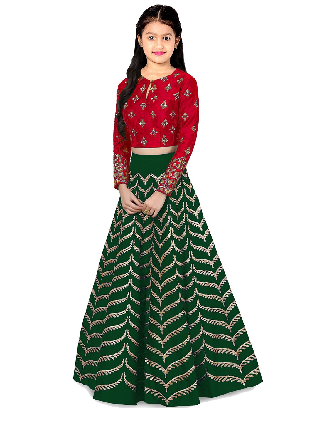 

Kedar Fab Girls Embroidered Thread Work Semi-Stitched Lehenga & Blouse, Green