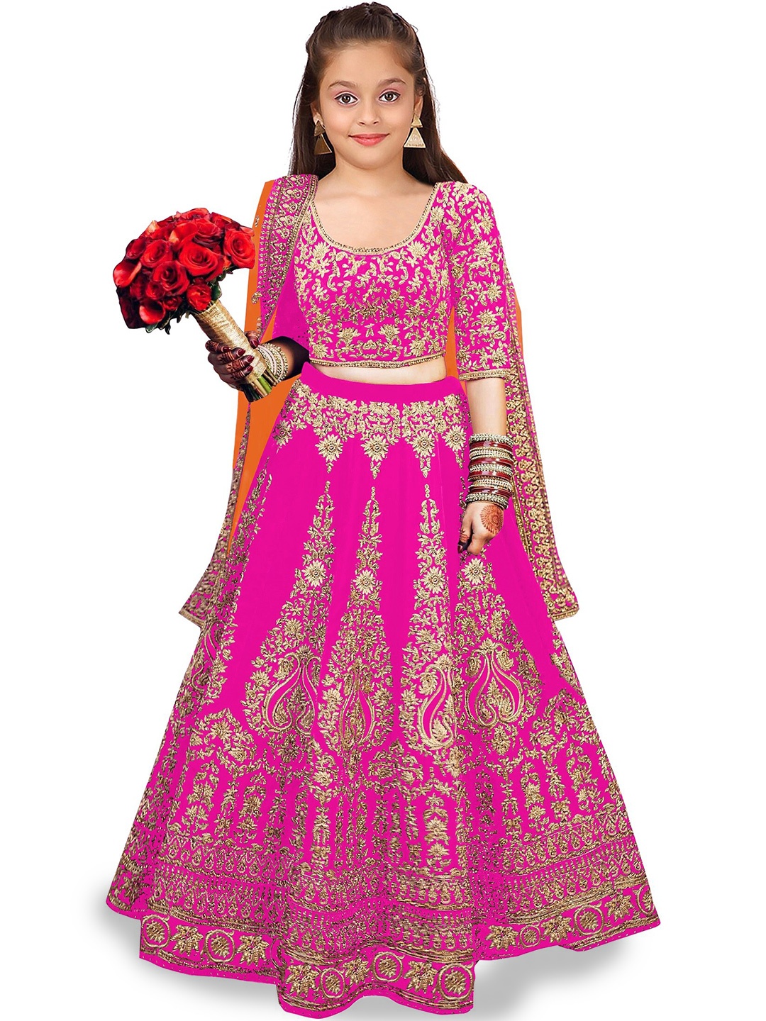 

Kedar Fab Girls Embroidered Semi-Stitched Lehenga & Unstitched Blouse With Dupatta, Pink