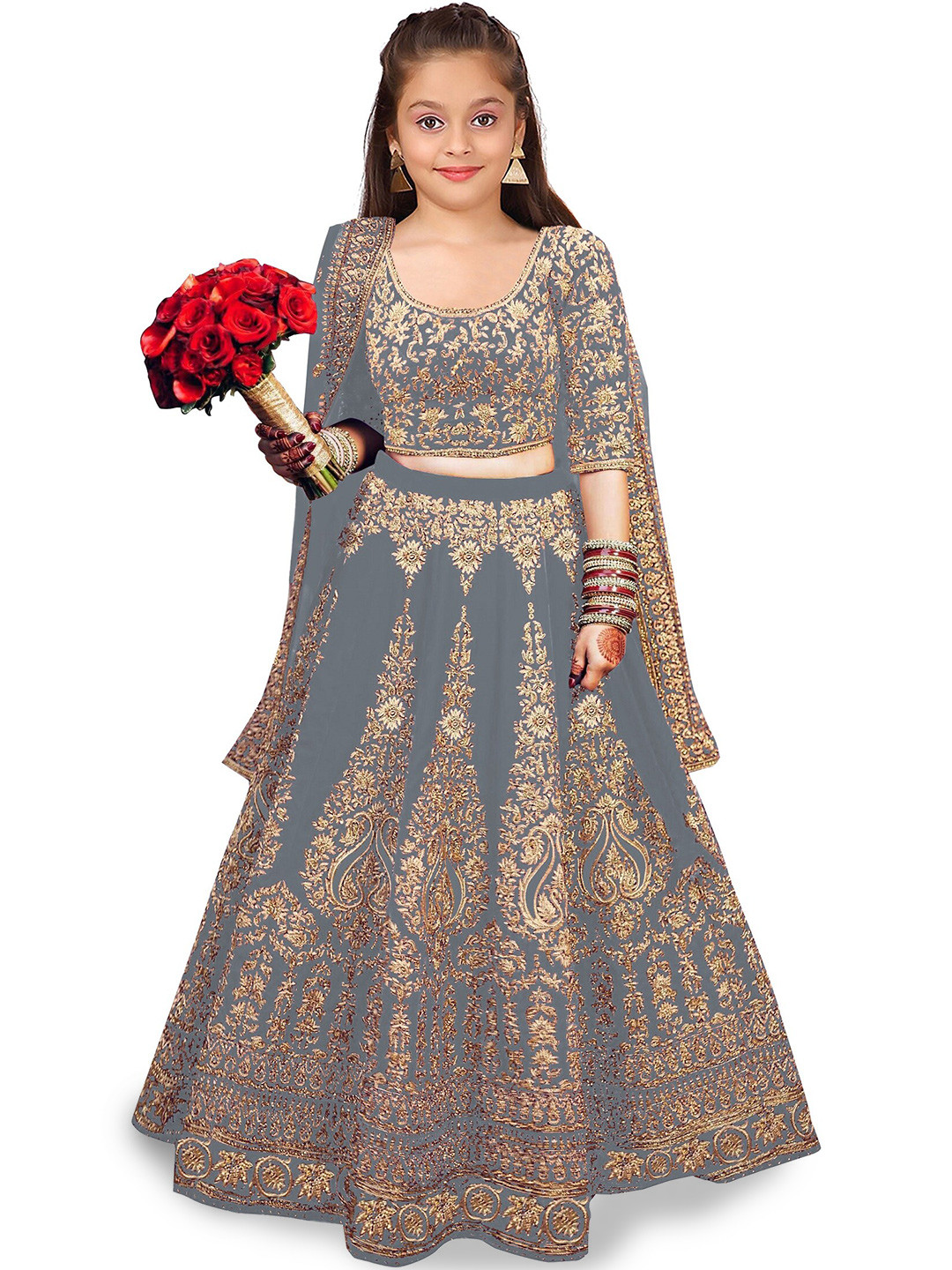 

Kedar Fab Girls Embroidered Semi-Stitched Lehenga & Unstitched Blouse With Dupatta, Grey