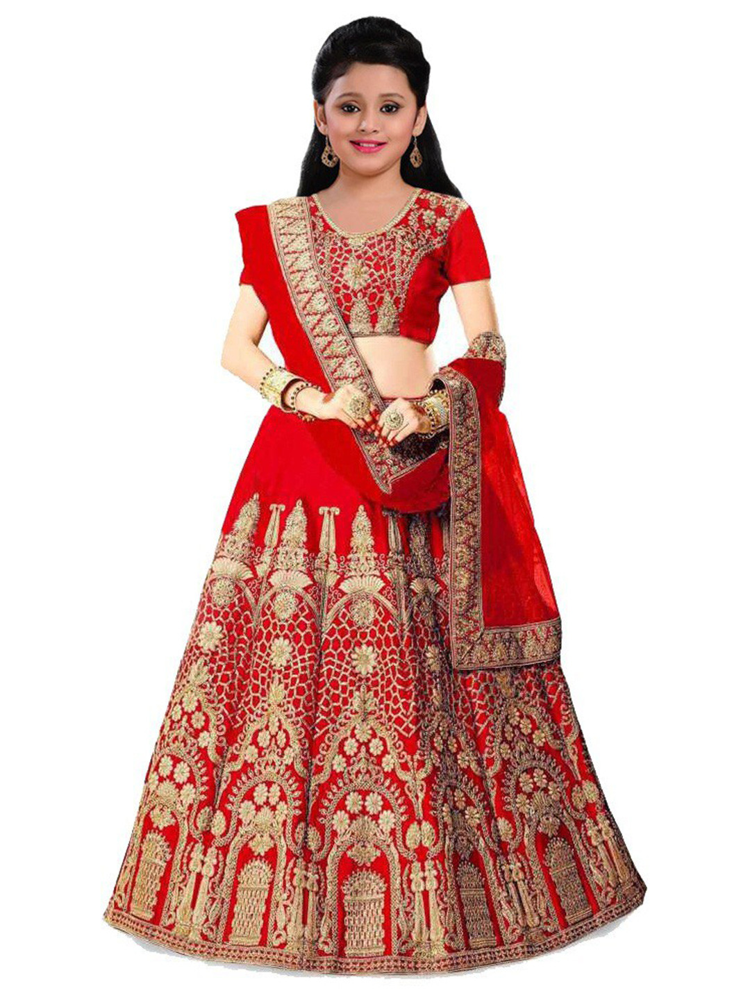 

Kedar Fab Girls Embroidered Semi-Stitched Lehenga & Unstitched Blouse With Dupatta, Red