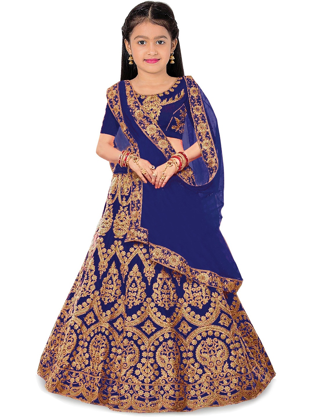 

Kedar Fab Girls Embroidered Semi-Stitched Lehenga & Unstitched Blouse With Dupatta, Navy blue