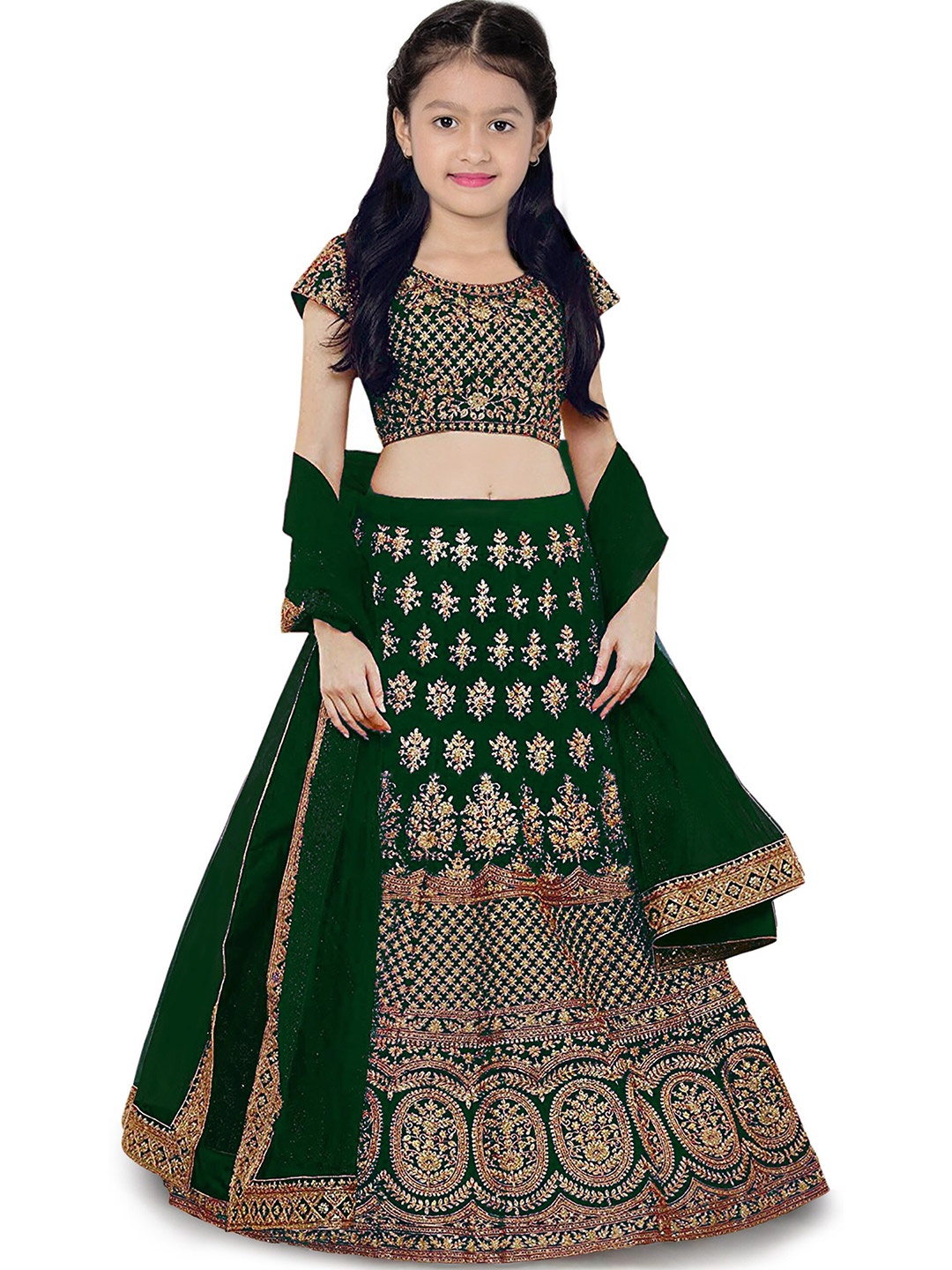 

Kedar Fab Girls Embroidered Semi-Stitched Lehenga & Unstitched Blouse With Dupatta, Green