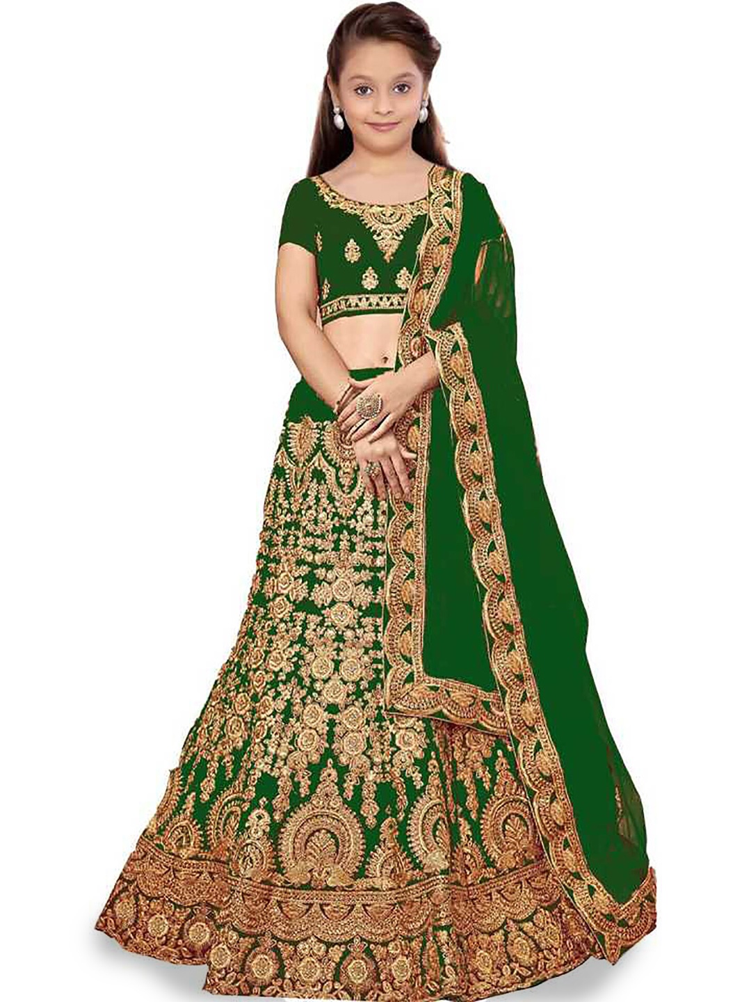 

Kedar Fab Girls Embroidered Semi-Stitched Lehenga & Unstitched Blouse With Dupatta, Green