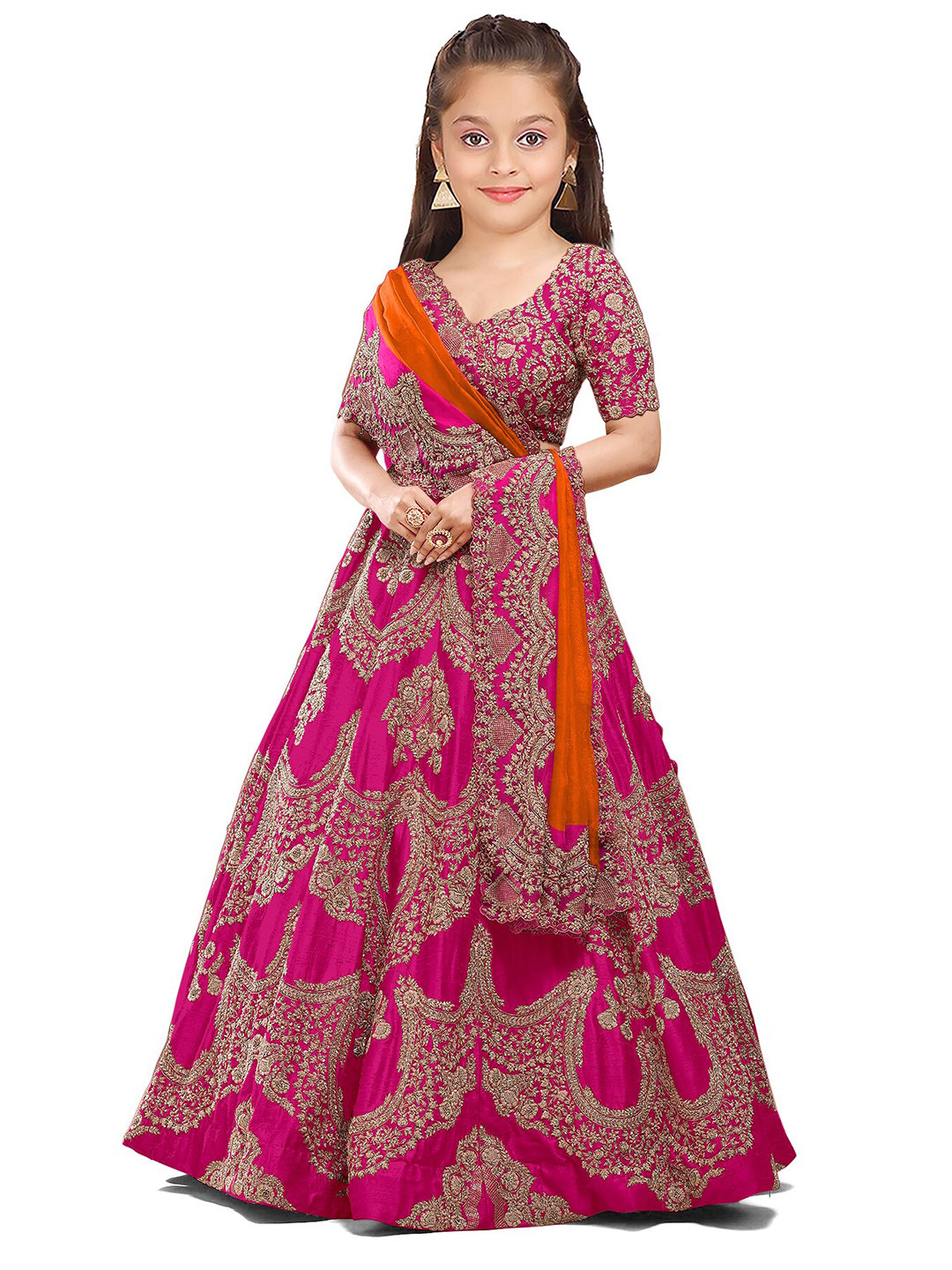 

Kedar Fab Girls Embroidered Semi-Stitched Lehenga & Unstitched Blouse With Dupatta, Pink