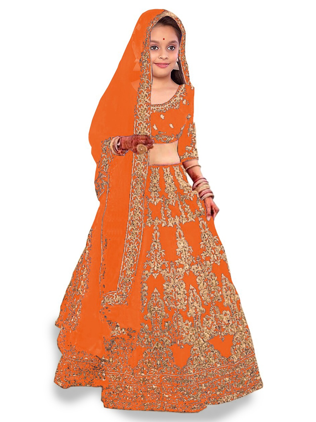 

Kedar Fab Girls Embroidered Semi-Stitched Lehenga & Unstitched Blouse With Dupatta, Orange