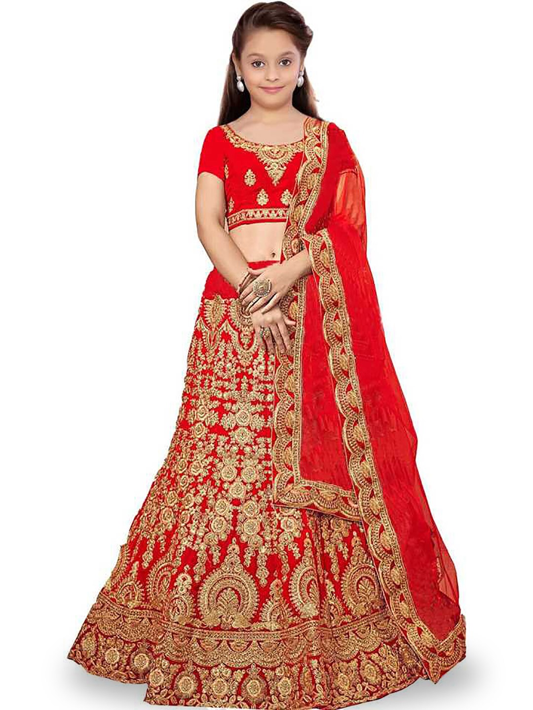

Kedar Fab Girls Embroidered Semi-Stitched Lehenga & Unstitched Blouse With Dupatta, Red