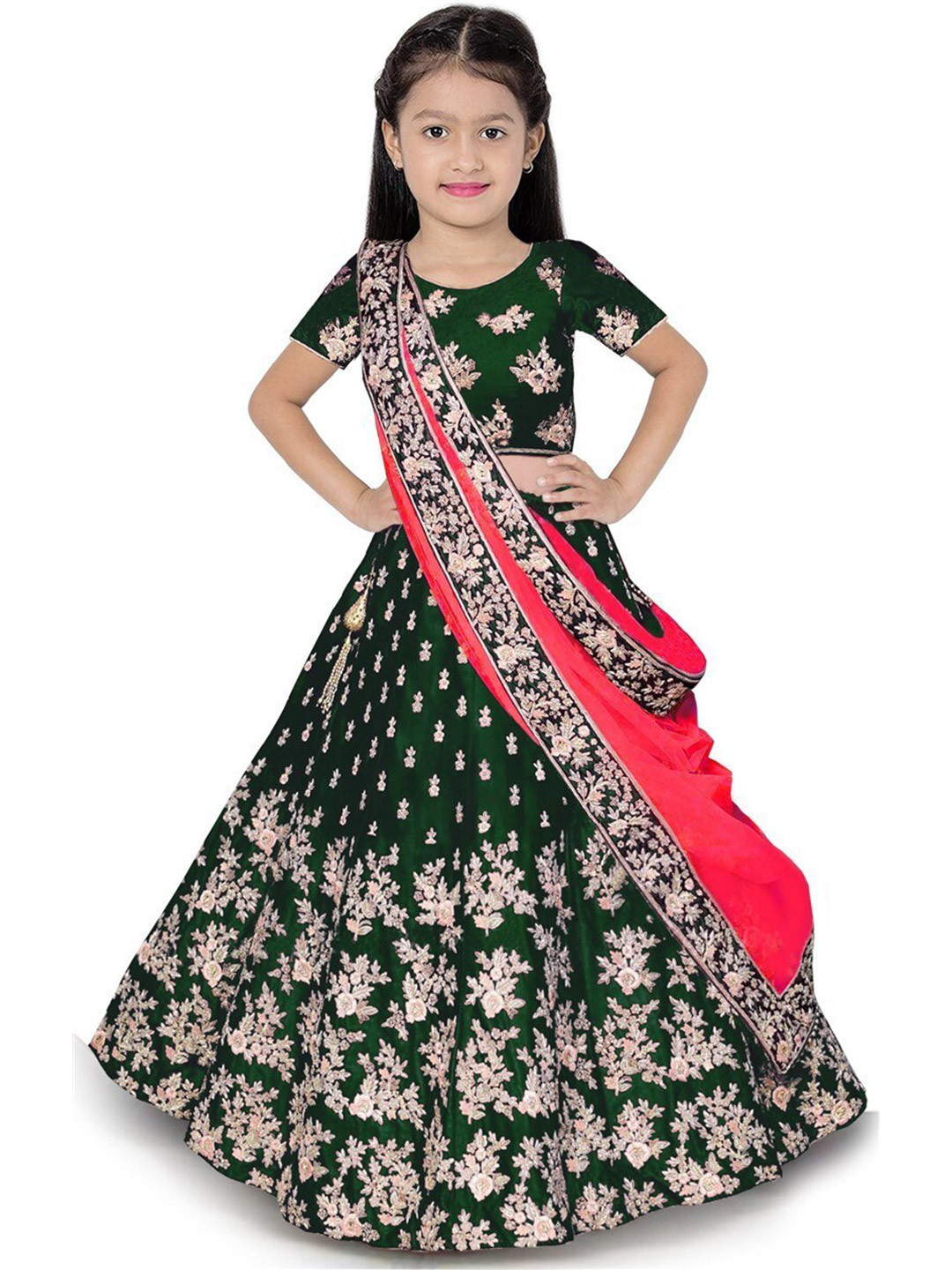

Kedar Fab Girls Embroidered Semi-Stitched Lehenga & Unstitched Blouse With Dupatta, Green