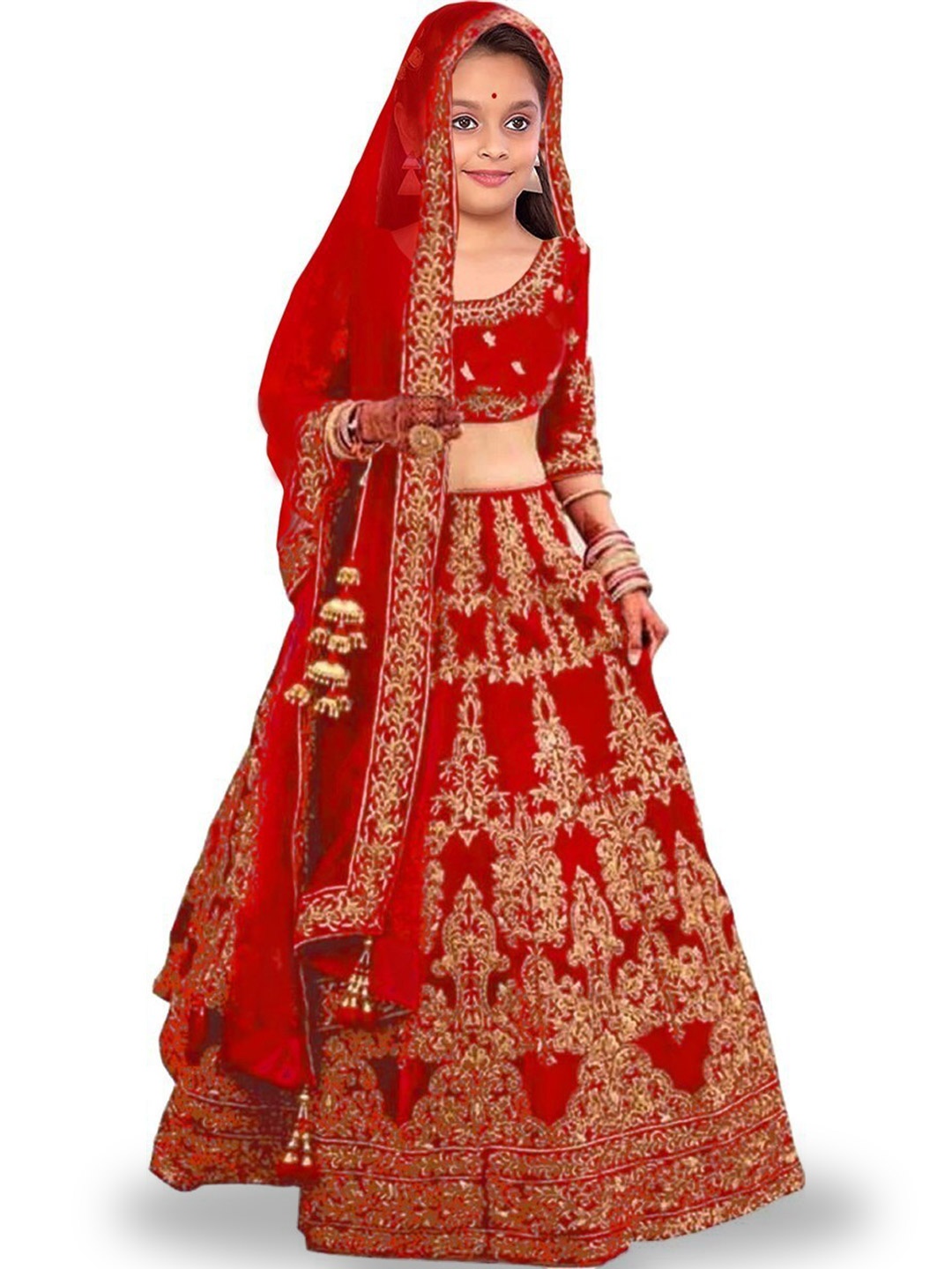 

Kedar Fab Girls Embroidered Semi-Stitched Lehenga & Unstitched Blouse With Dupatta, Red