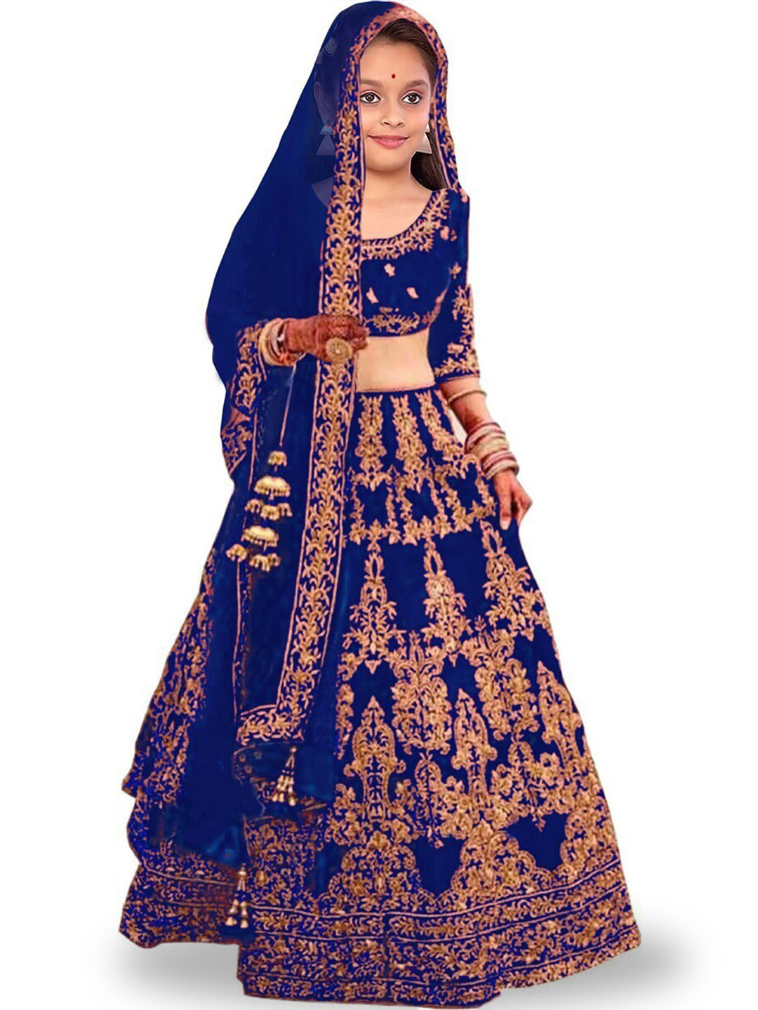 

Kedar Fab Girls Embroidered Semi-Stitched Lehenga & Unstitched Blouse With Dupatta, Navy blue