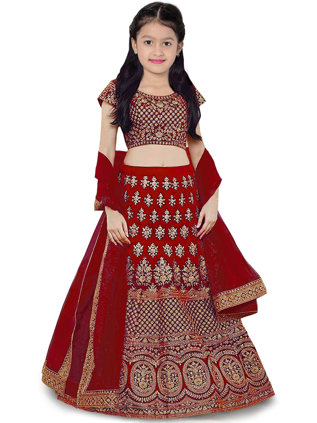 

Kedar Fab Girls Embroidered Semi-Stitched Lehenga & Unstitched Blouse With Dupatta, Red