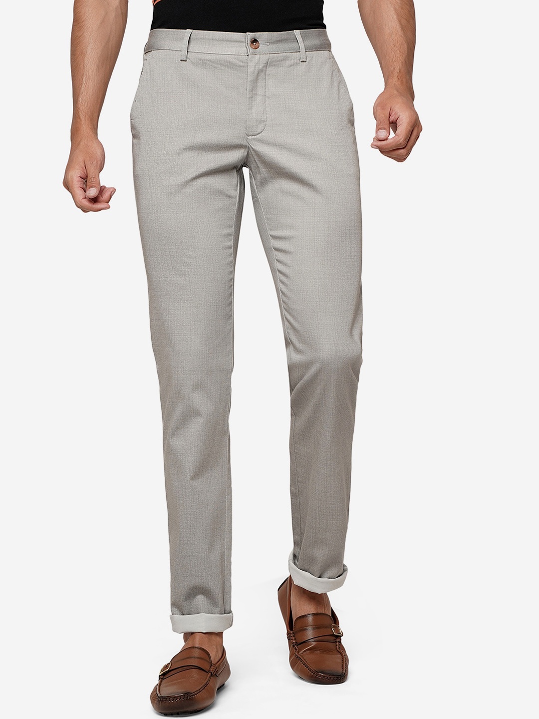 

Greenfibre Men Self Design Pure Cotton Slim Fit Trousers, Grey