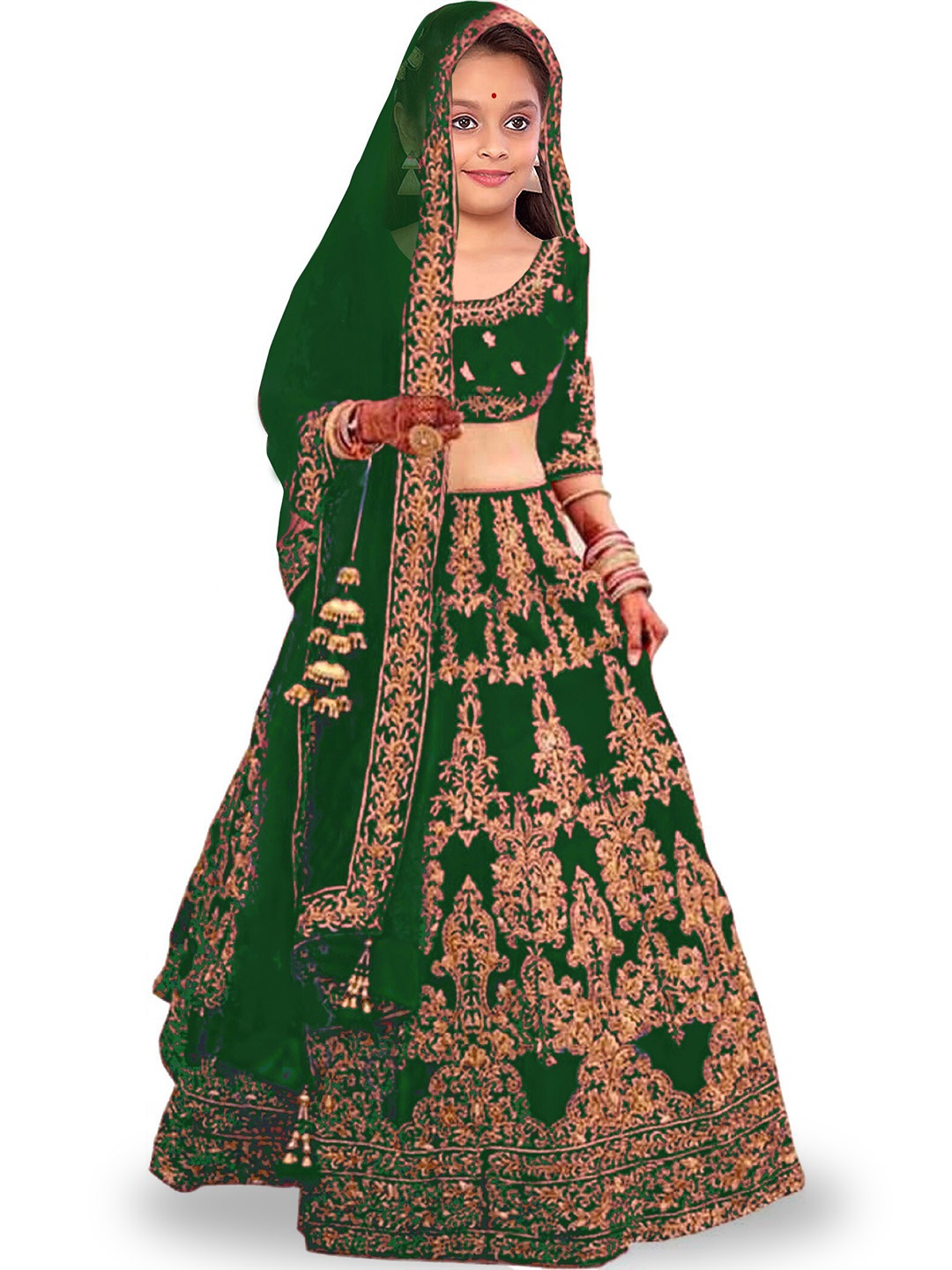 

Kedar Fab Girls Embroidered Semi-Stitched Lehenga & Unstitched Blouse With Dupatta, Green