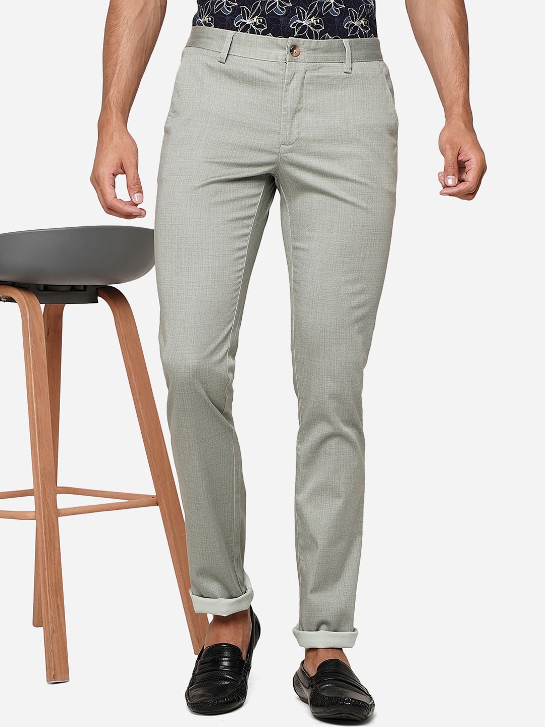 

Greenfibre Men Self Design Pure Cotton Slim Fit Trousers, Green