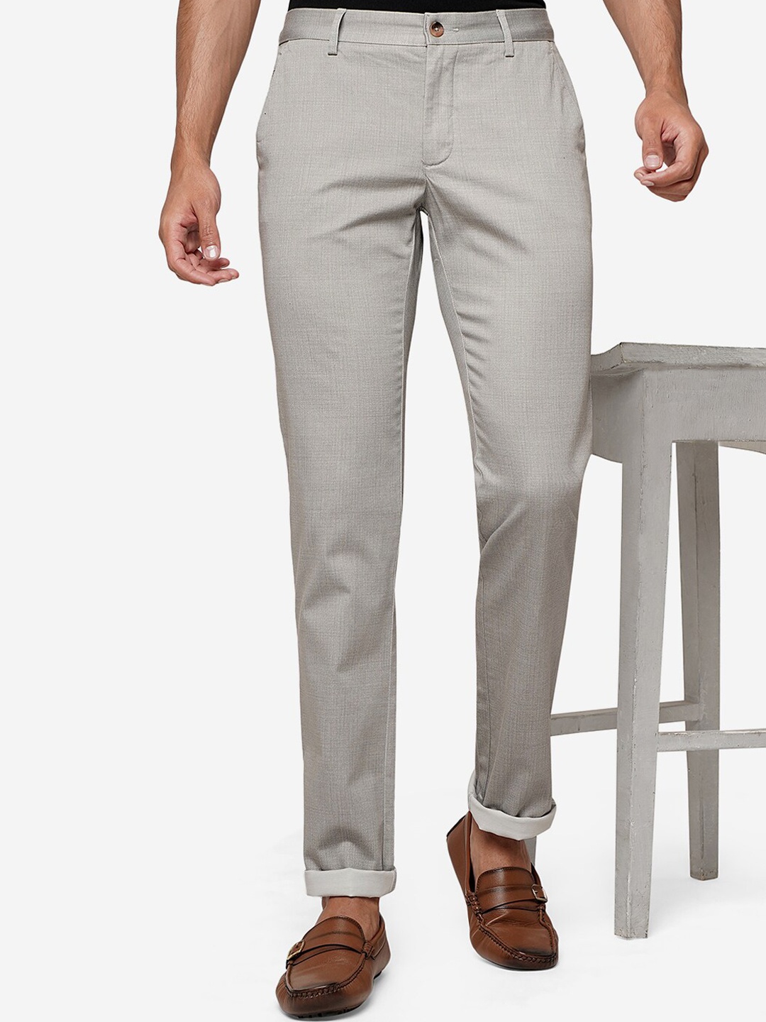 

Greenfibre Men Self Design Pure Cotton Slim Fit Trousers, Grey