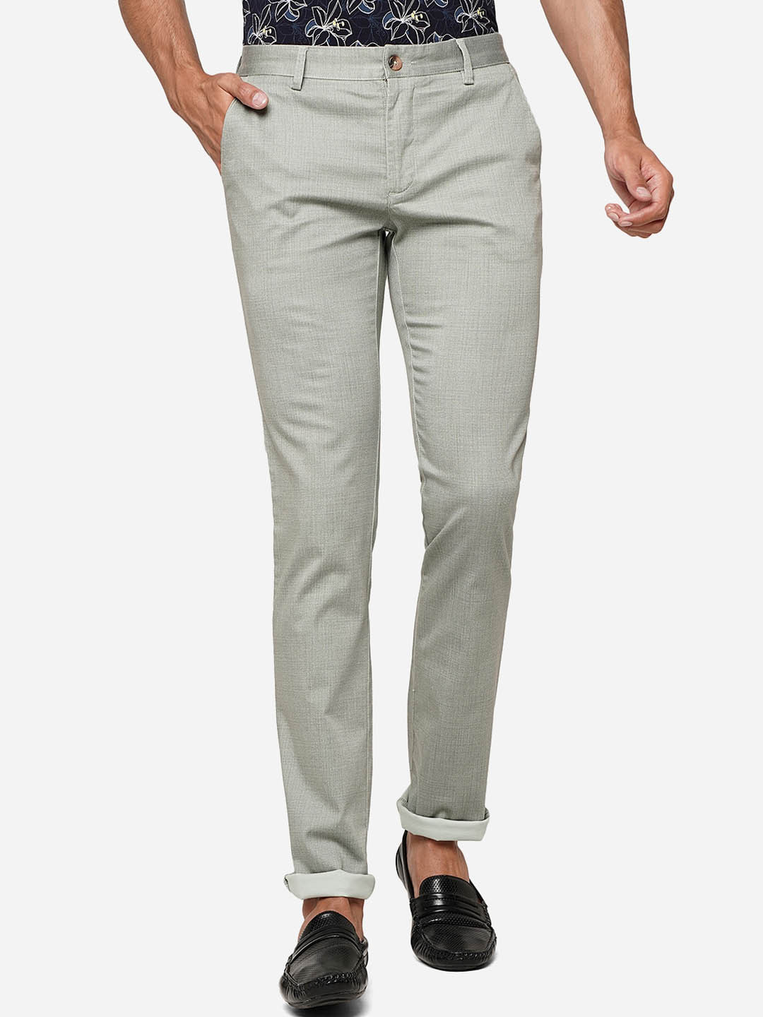 

Greenfibre Men Self Design Pure Cotton Slim Fit Trousers, Green