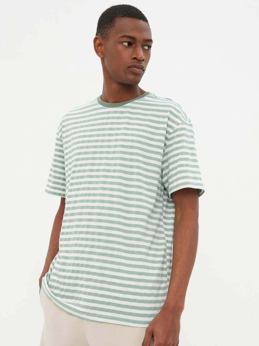 

Trendyol Striped Drop Shoulder Sleeves Pure Cotton T-shirt, Green
