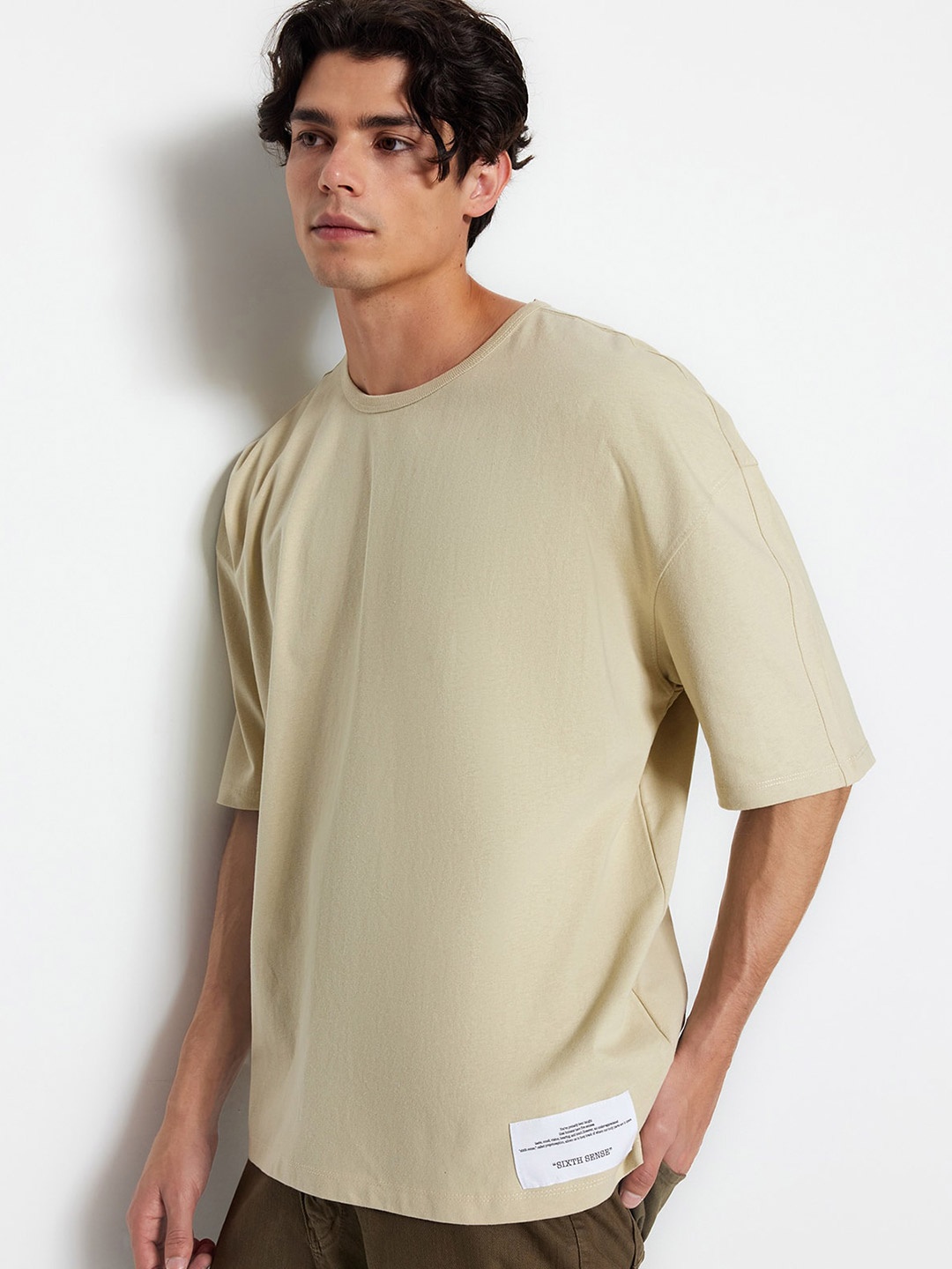

Trendyol Drop-Shoulder Sleeves Pure Cotton T-Shirt, Beige