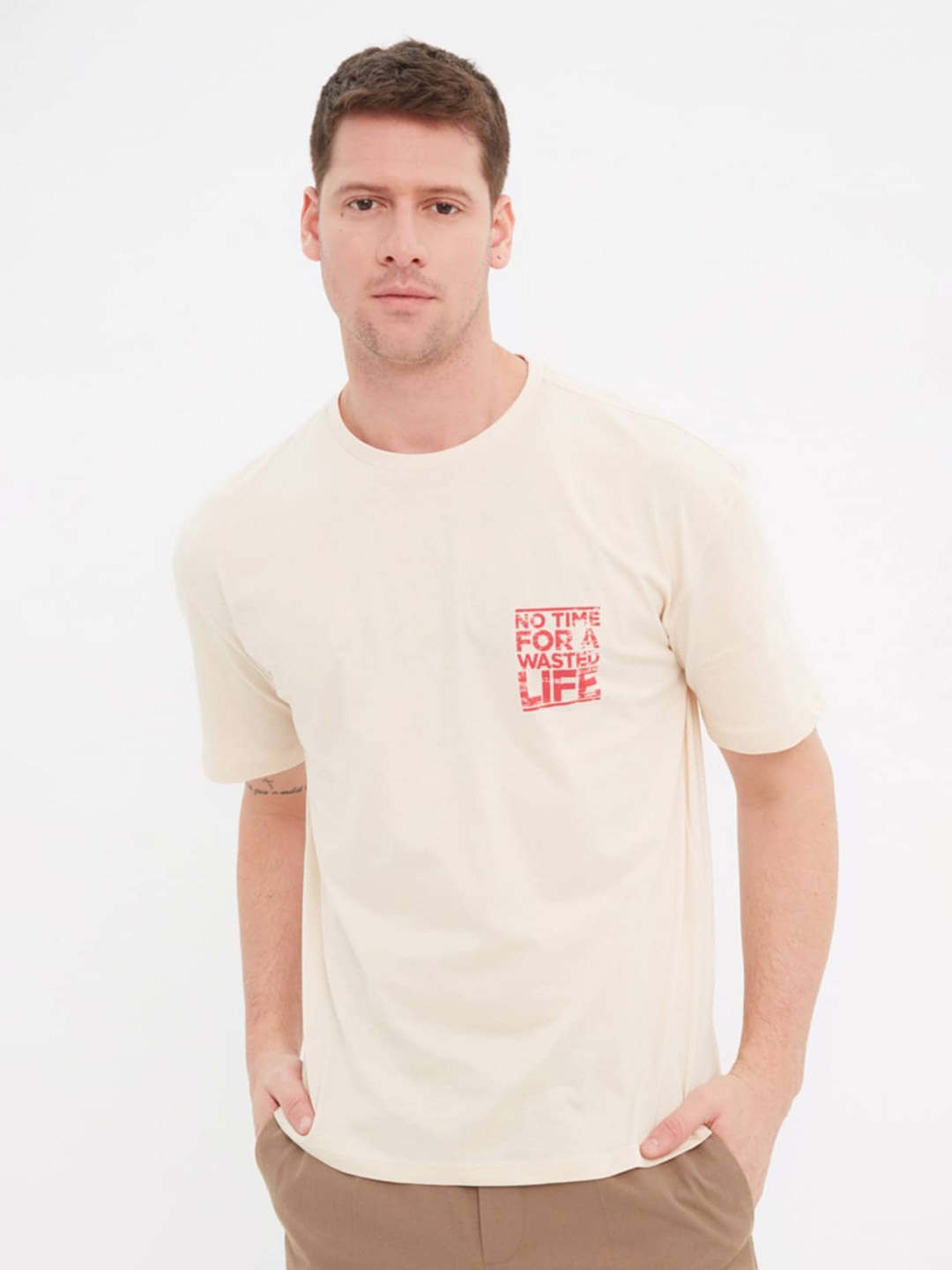 

Trendyol Typography Printed Pure Cotton T-Shirt, Off white