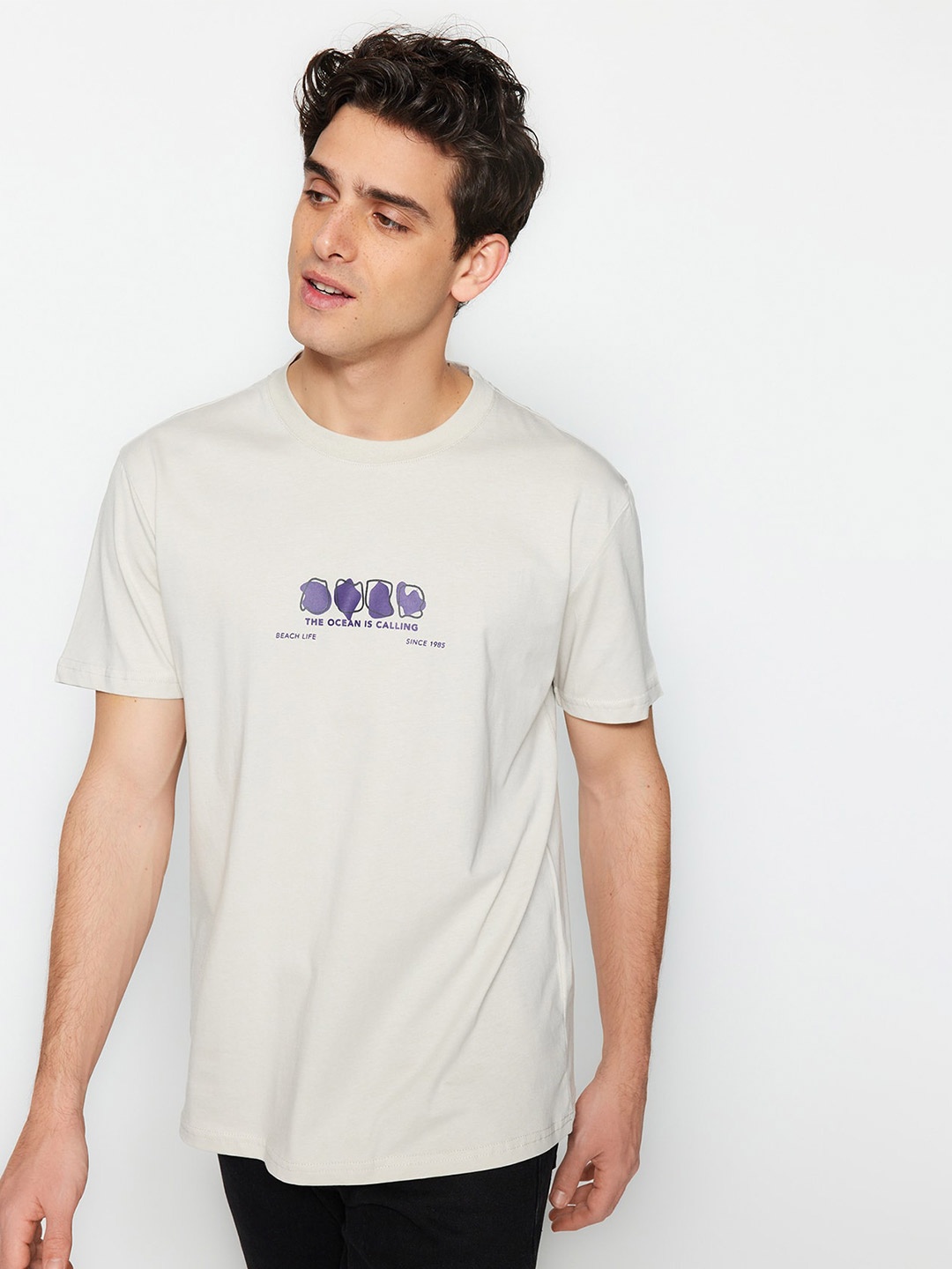 

Trendyol Typography Printed Round Neck Cotton T-shirt, Off white