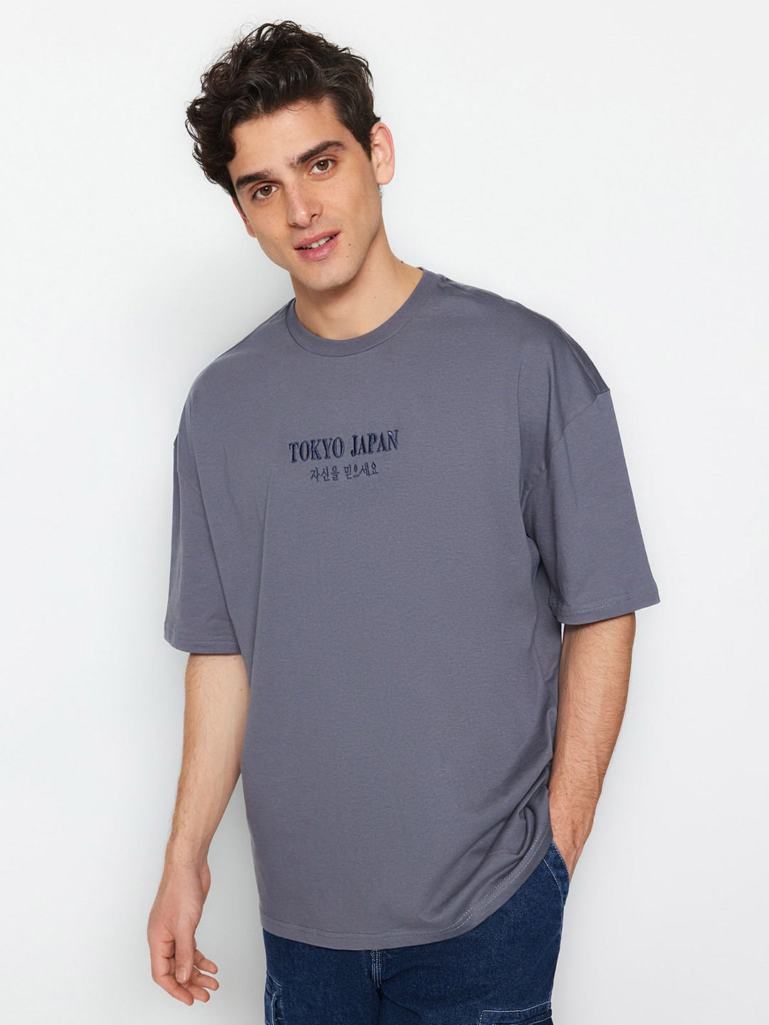 

Trendyol Typography Printed Pure Cotton T-shirt, Grey