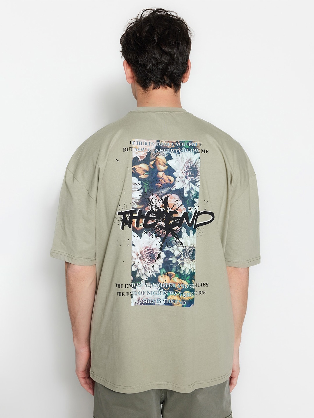 

Trendyol Floral Printed Drop -Shoulder Sleeves Pure Cotton T-Shirt, Brown