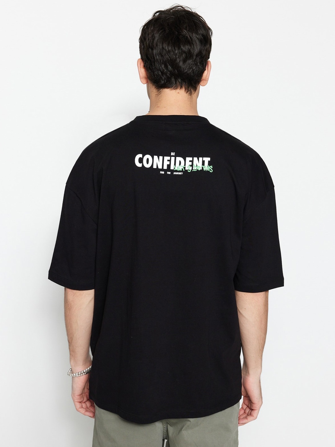 

Trendyol Typography Printed Drop Shoulder Sleeves Pure Cotton Oversized Fit T-shirt, Black