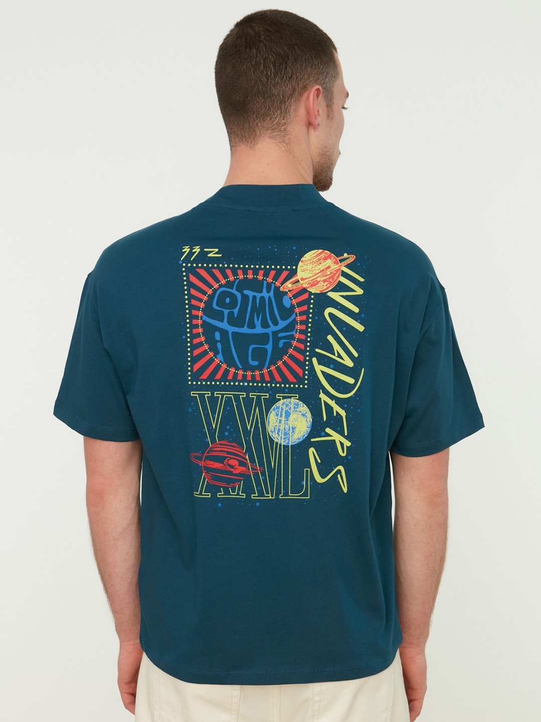 

Trendyol Typography Printed Drop-Shoulder Sleeves Pure Cotton T-shirt, Navy blue
