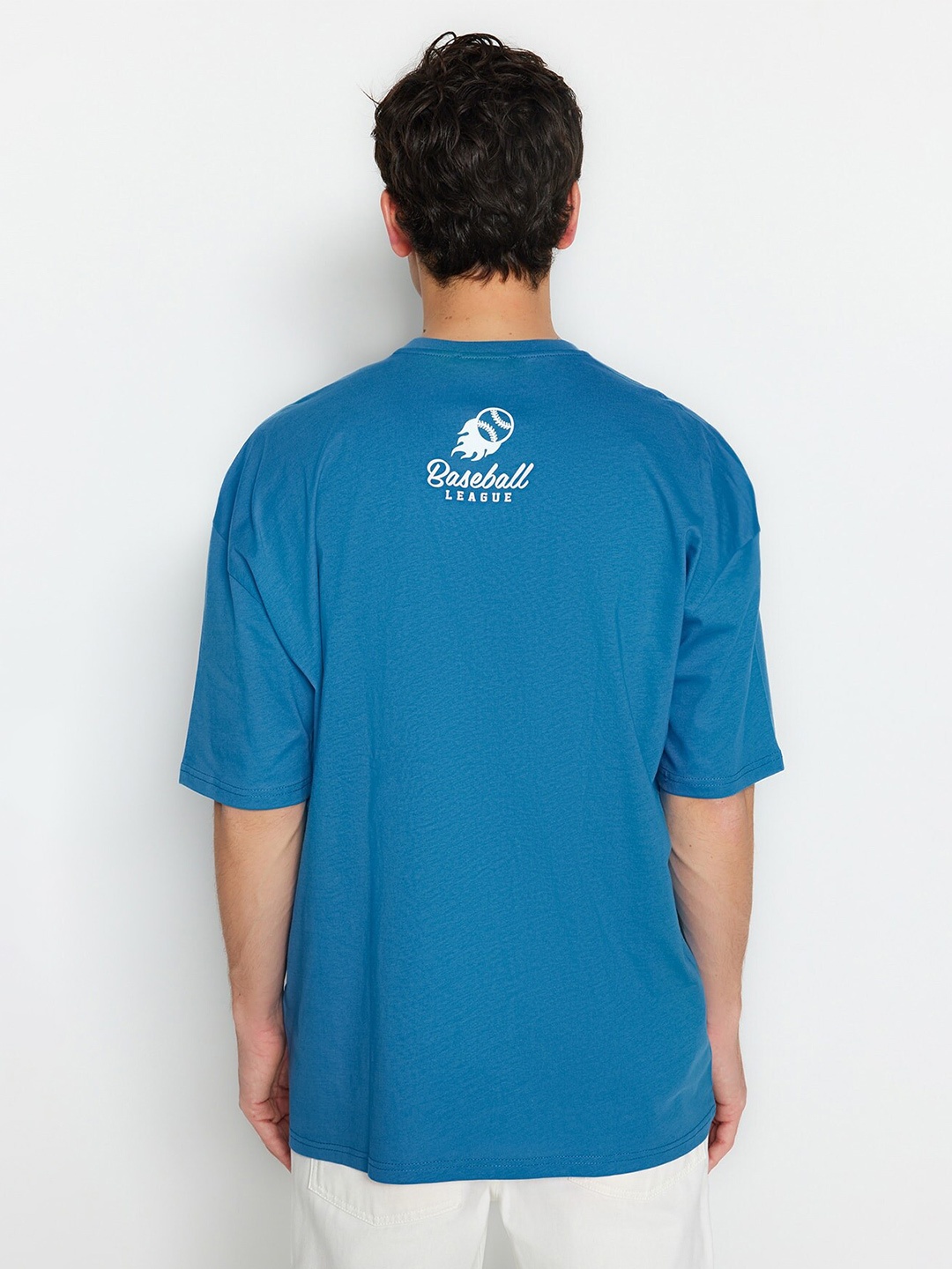 

Trendyol Typography Printed Drop Shoulder Sleeves Pure Cotton T-shirt, Blue