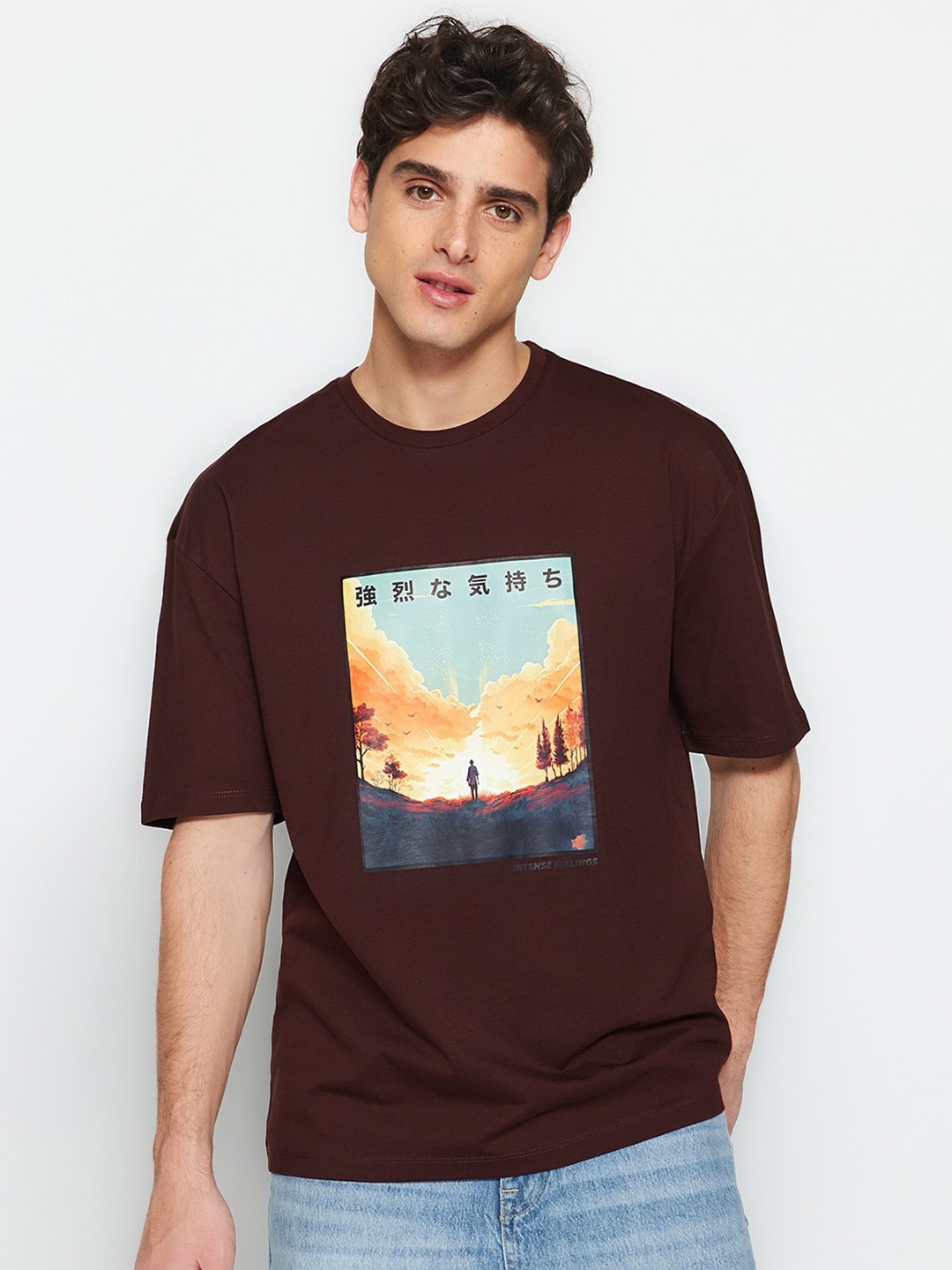 

Trendyol Graphic Printed Drop Shoulder Sleeves Pure Cotton T-Shirt, Maroon