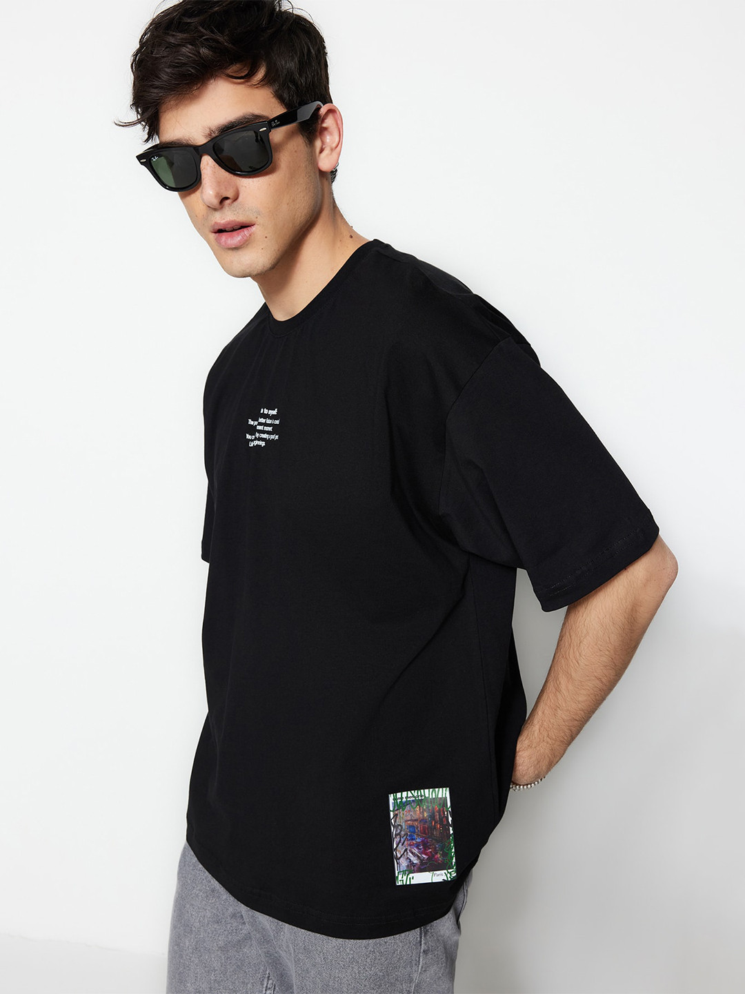 

Trendyol Typography Printed Drop-Shoulder Sleeves Pure Cotton T-shirt, Black
