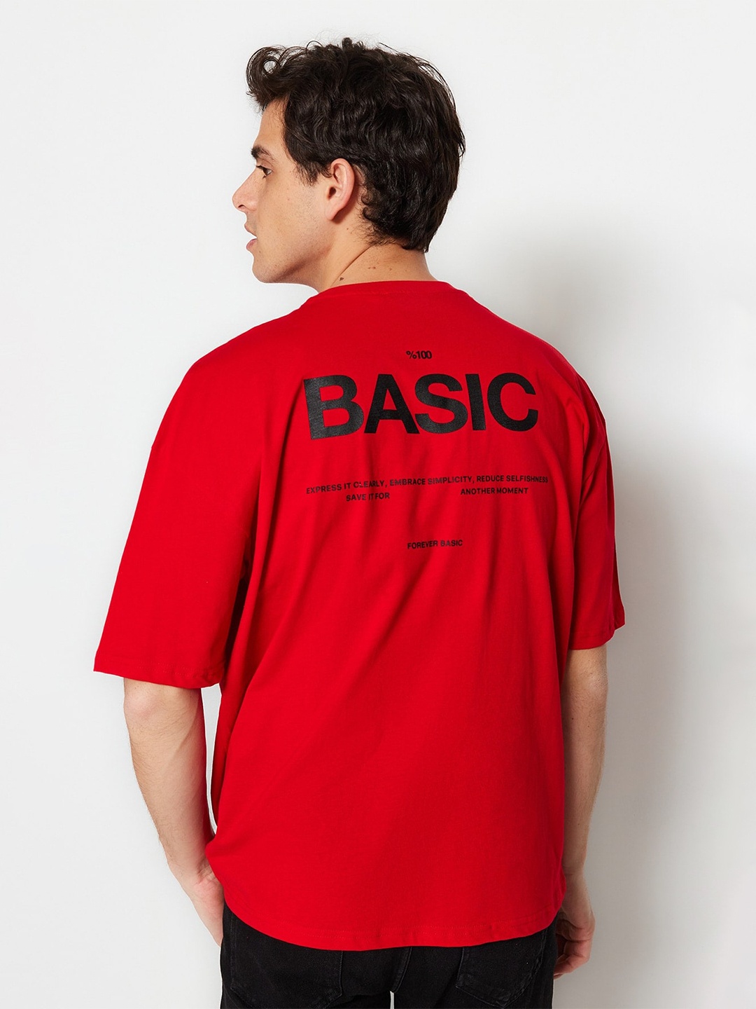 

Trendyol Typography Printed Drop-Shoulder Sleeves Pure Cotton T-shirt, Red
