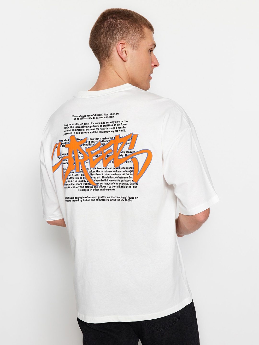 

Trendyol Typography Printed Drop-Shoulder Sleeves Pure Cotton T-shirt, White