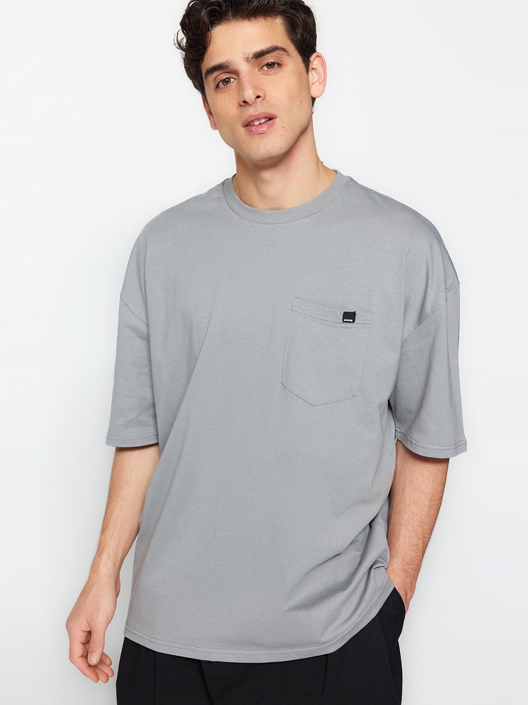 

Trendyol Drop-Shoulder Sleeves Pure Cotton T-shirt, Grey
