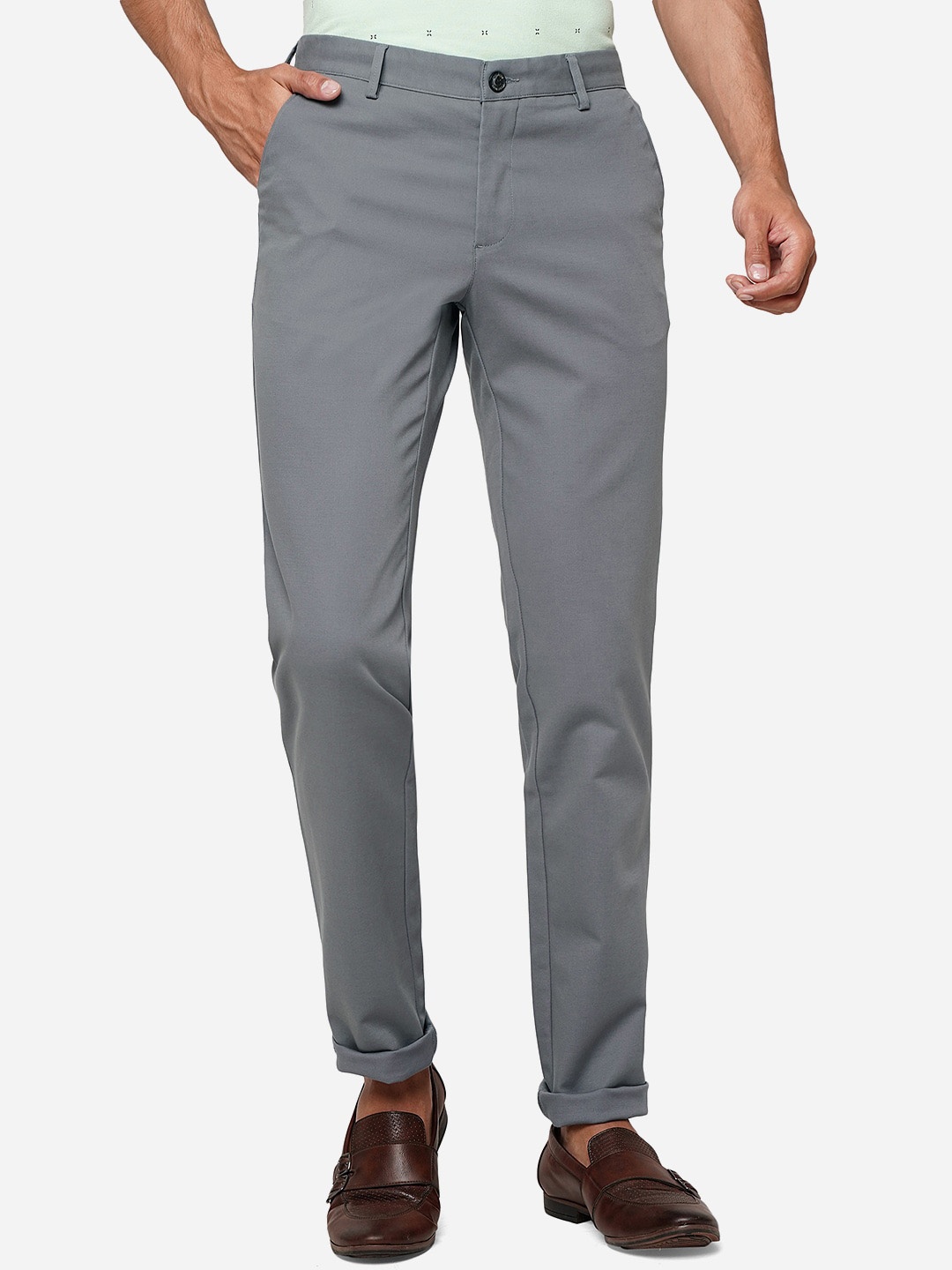 

JADE BLUE Men Slim Fit Mid-Rise Pure Cotton Trousers, Grey