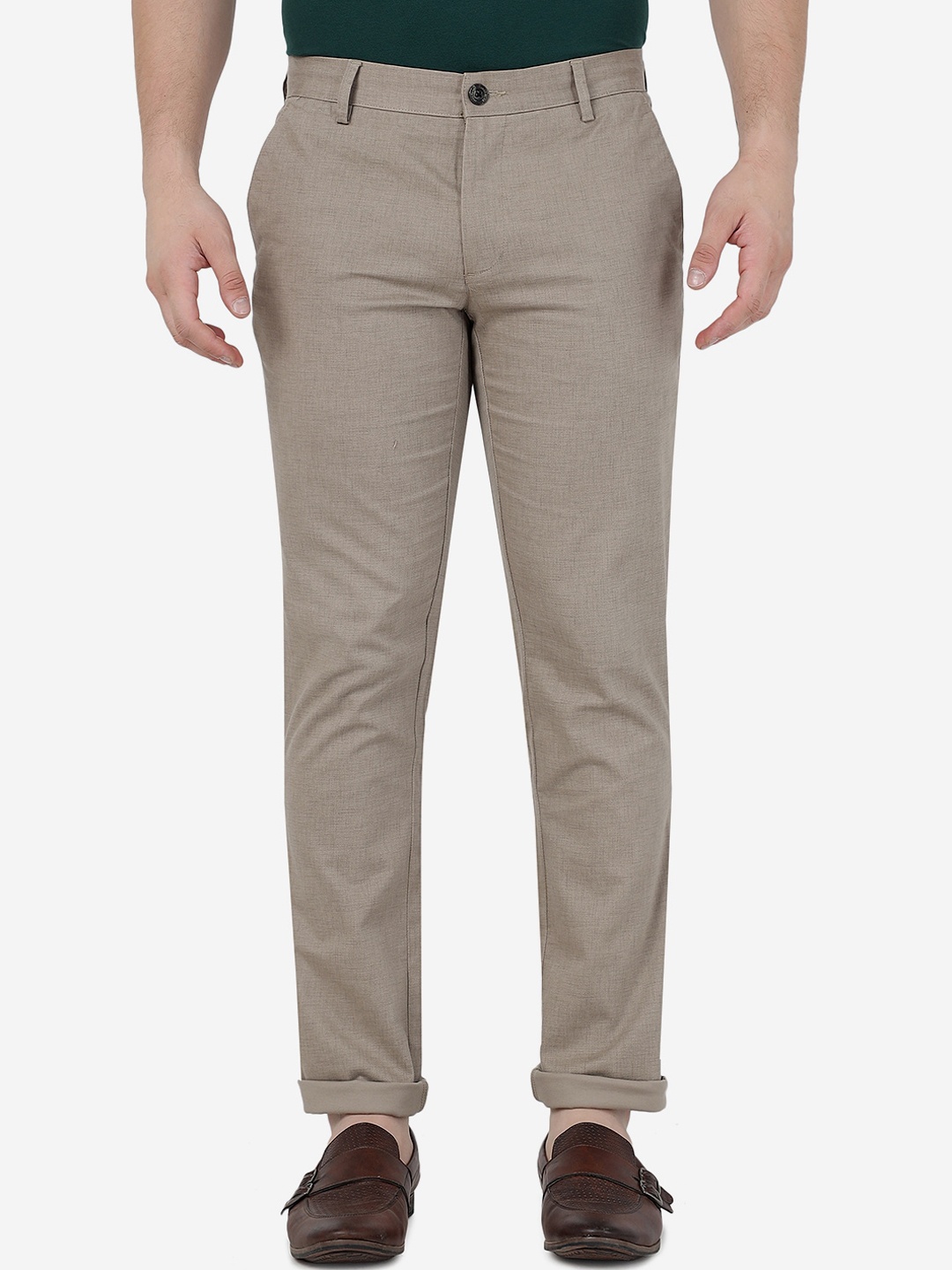 

JADE BLUE Men Slim Fit Mid-Rise Pure Cotton Trousers, Khaki