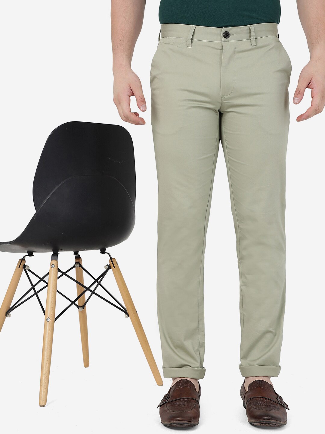 

JADE BLUE Men Slim Fit Pure Cotton Trousers, Green